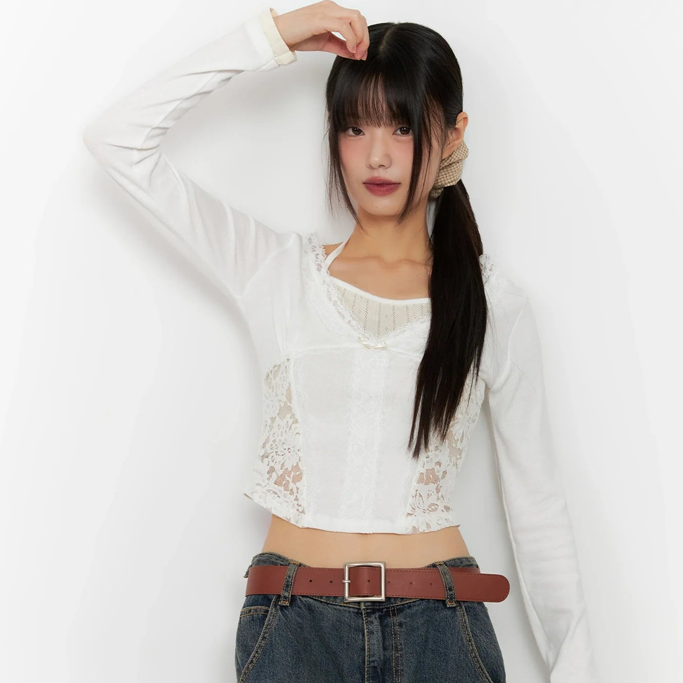 [假兩件] 掛頸背心LACE拼布層次長袖/ 3色