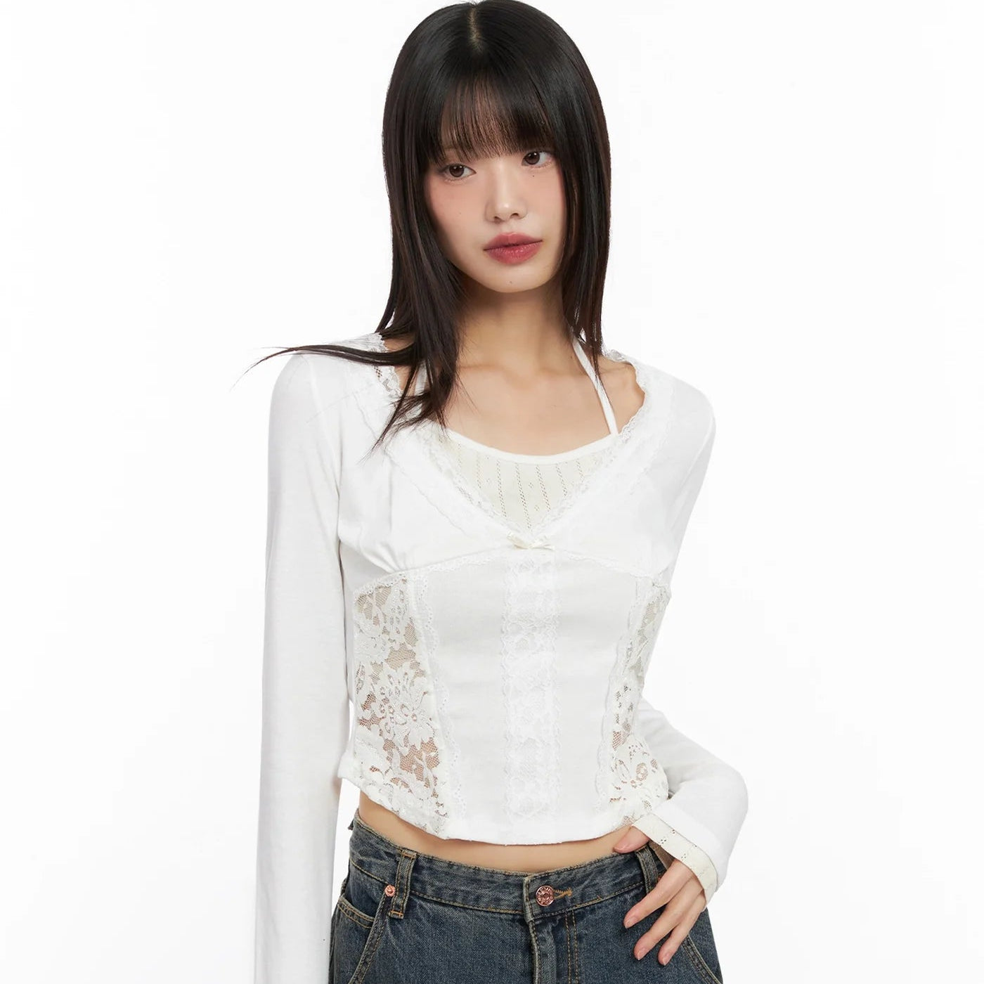 [假兩件] 掛頸背心LACE拼布層次長袖/ 3色