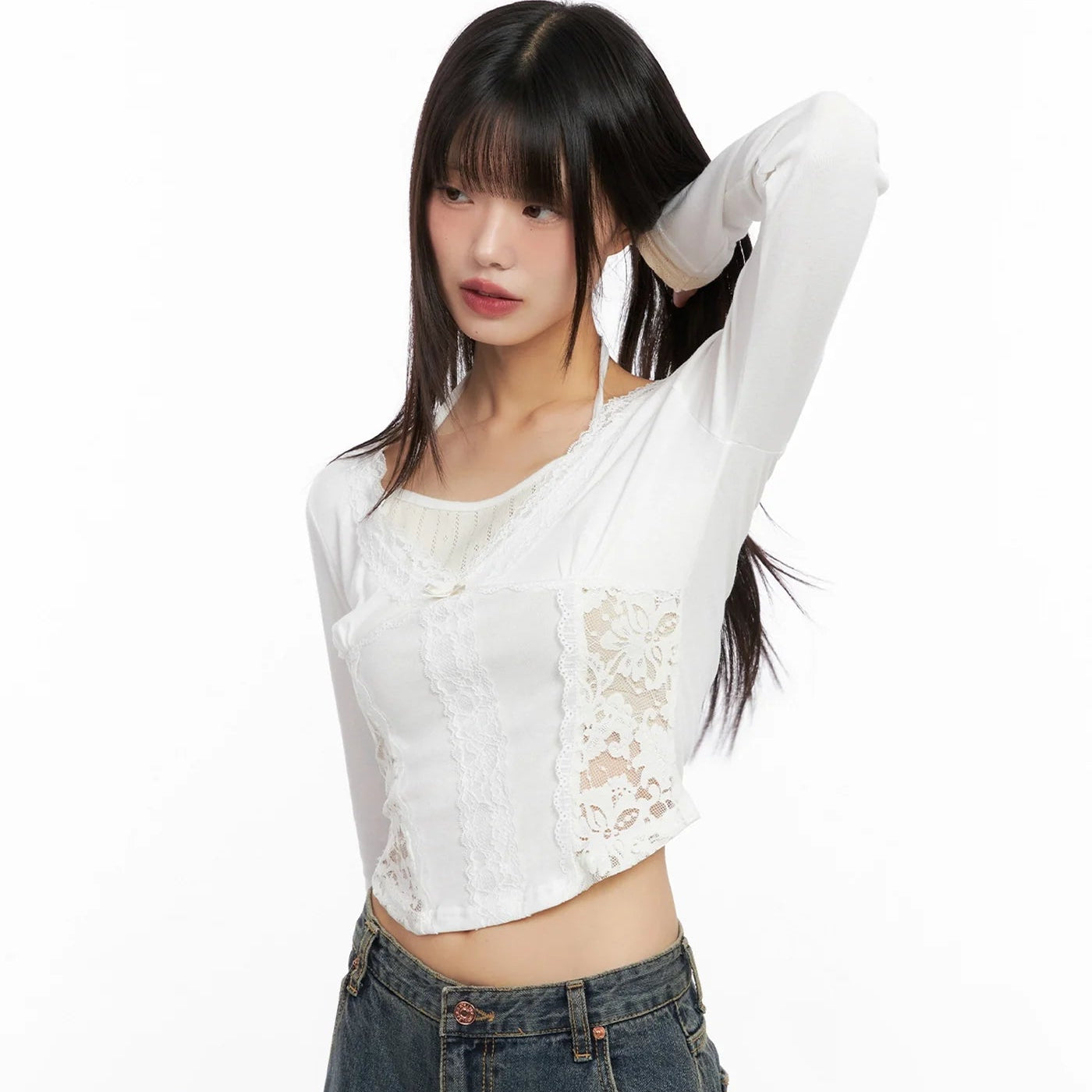 [假兩件] 掛頸背心LACE拼布層次長袖/ 3色