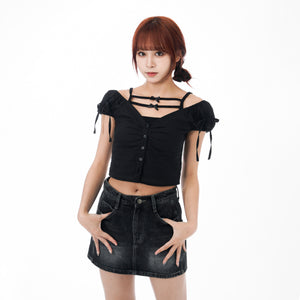 MidNight Washed Denim Skirt Pants/ 1色