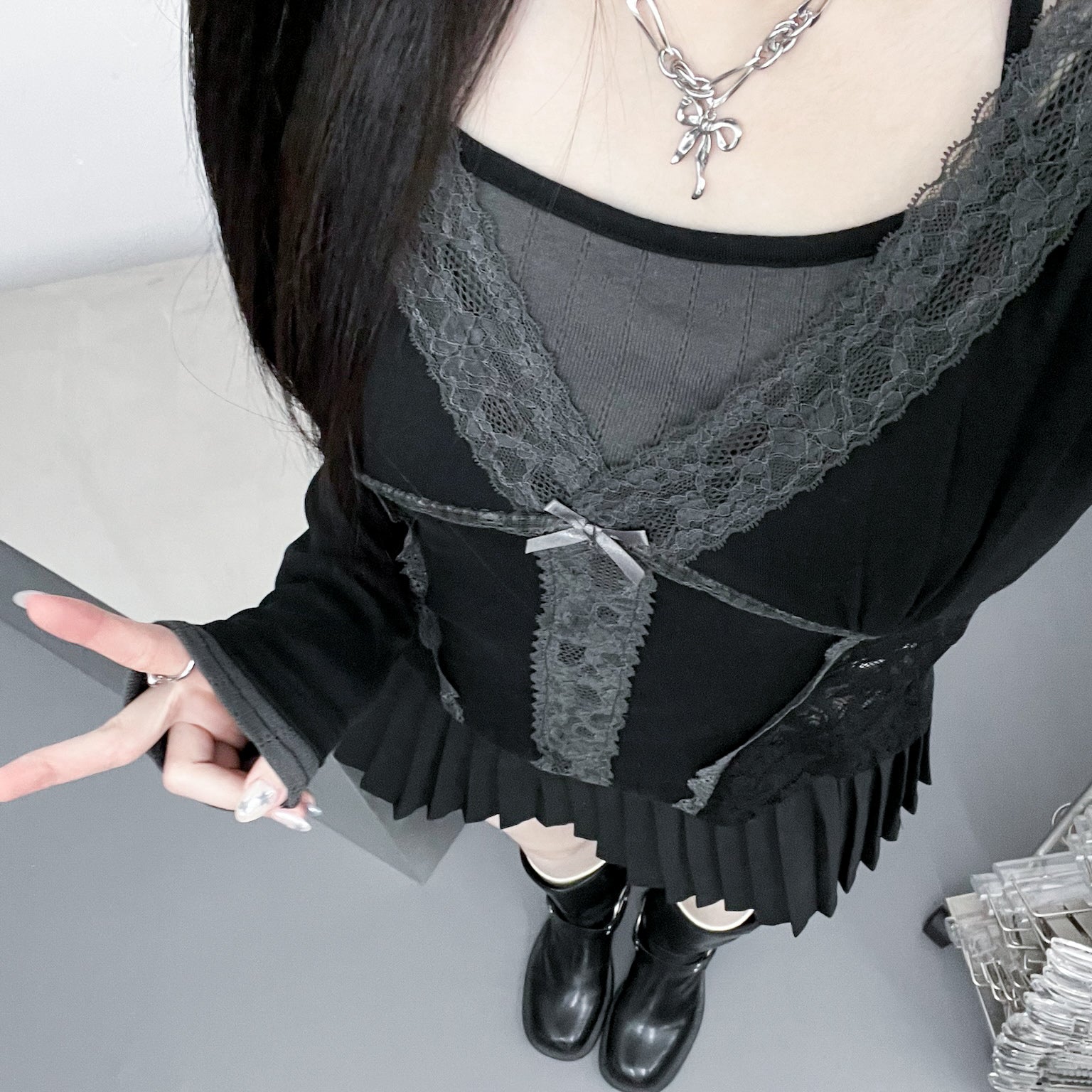 [假兩件] 掛頸背心LACE拼布層次長袖/ 3色