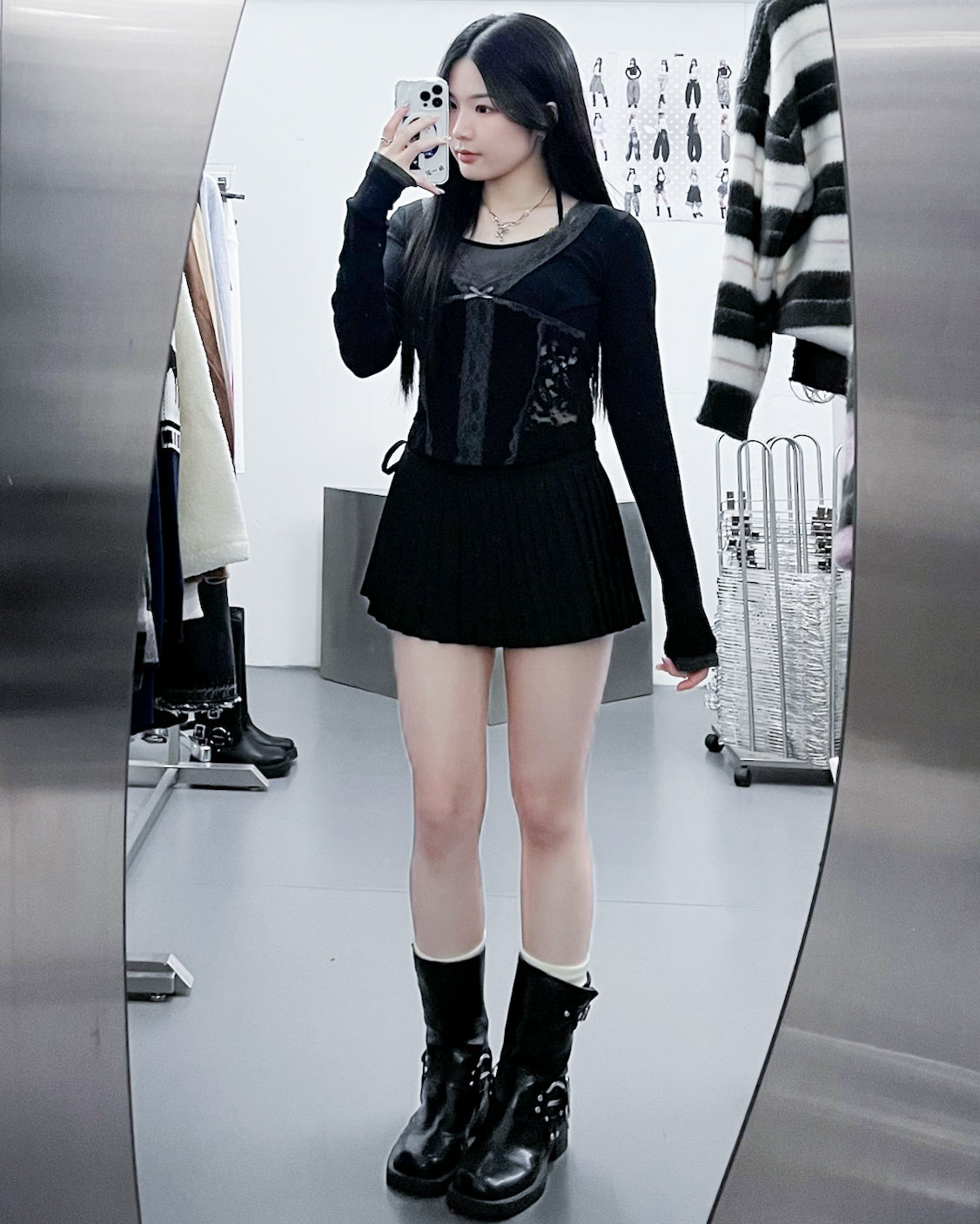 [假兩件] 掛頸背心LACE拼布層次長袖/ 3色