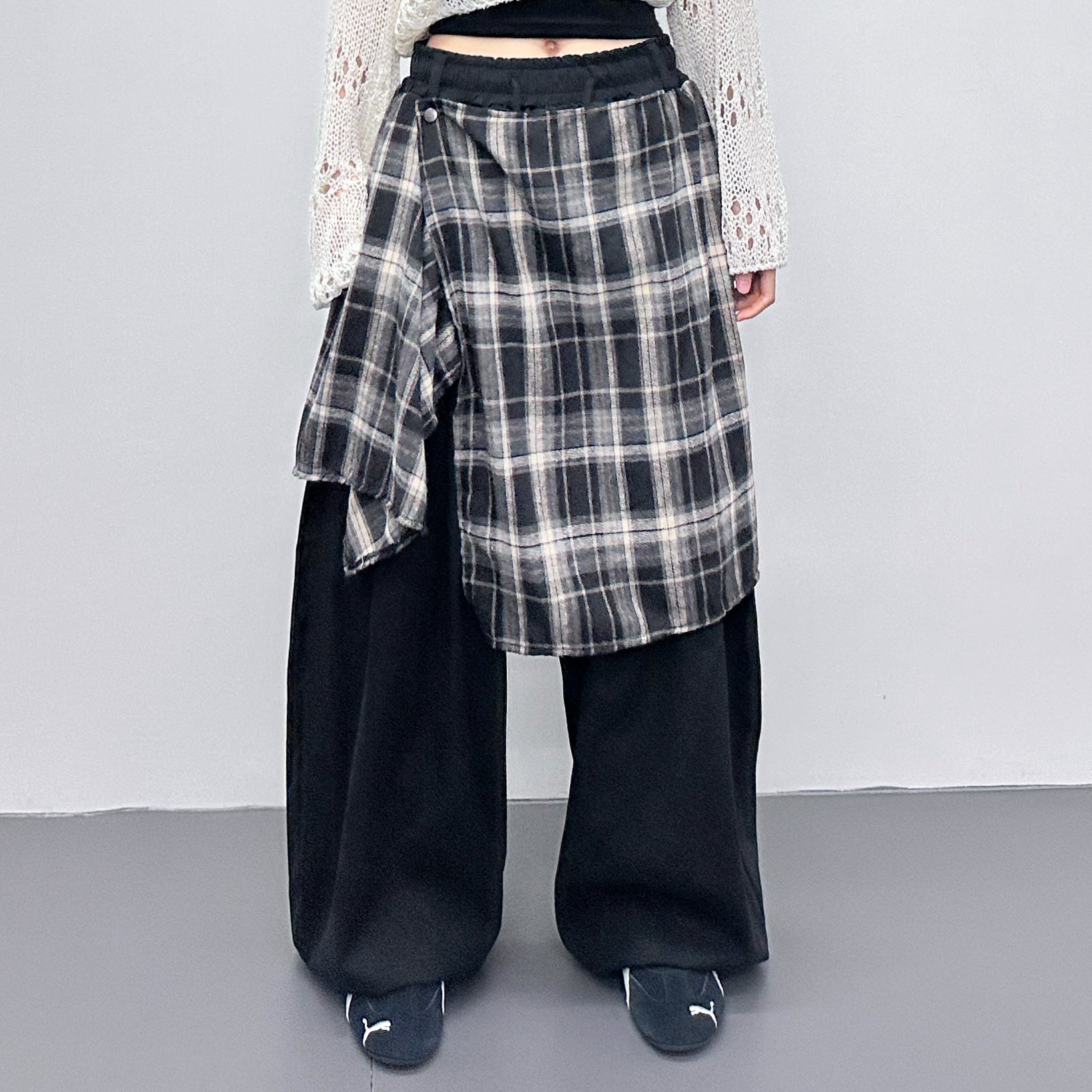 [UNISEX] 假兩件DOUBLE LAYER CHECK PANTS/ 2色