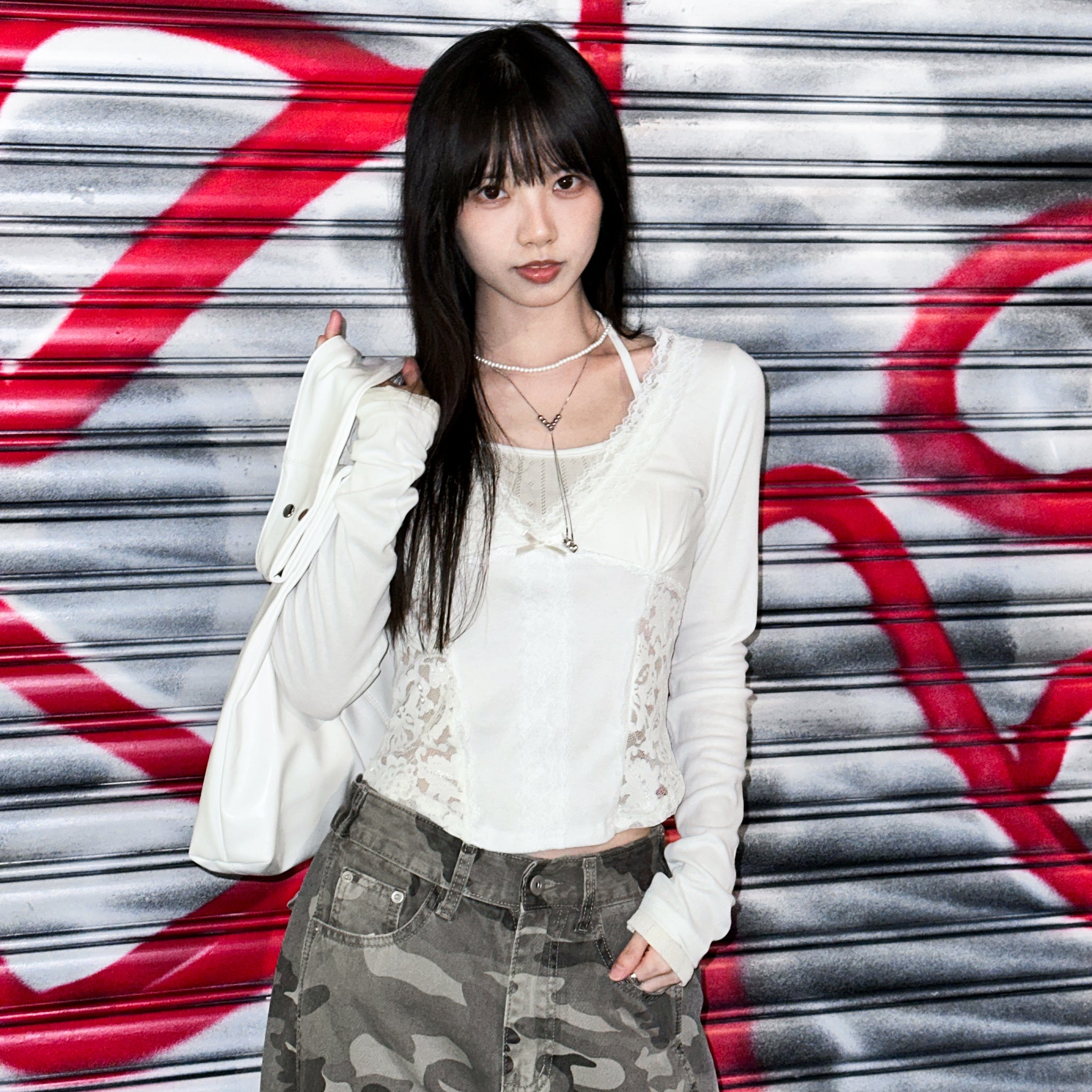 [假兩件] 掛頸背心LACE拼布層次長袖/ 3色