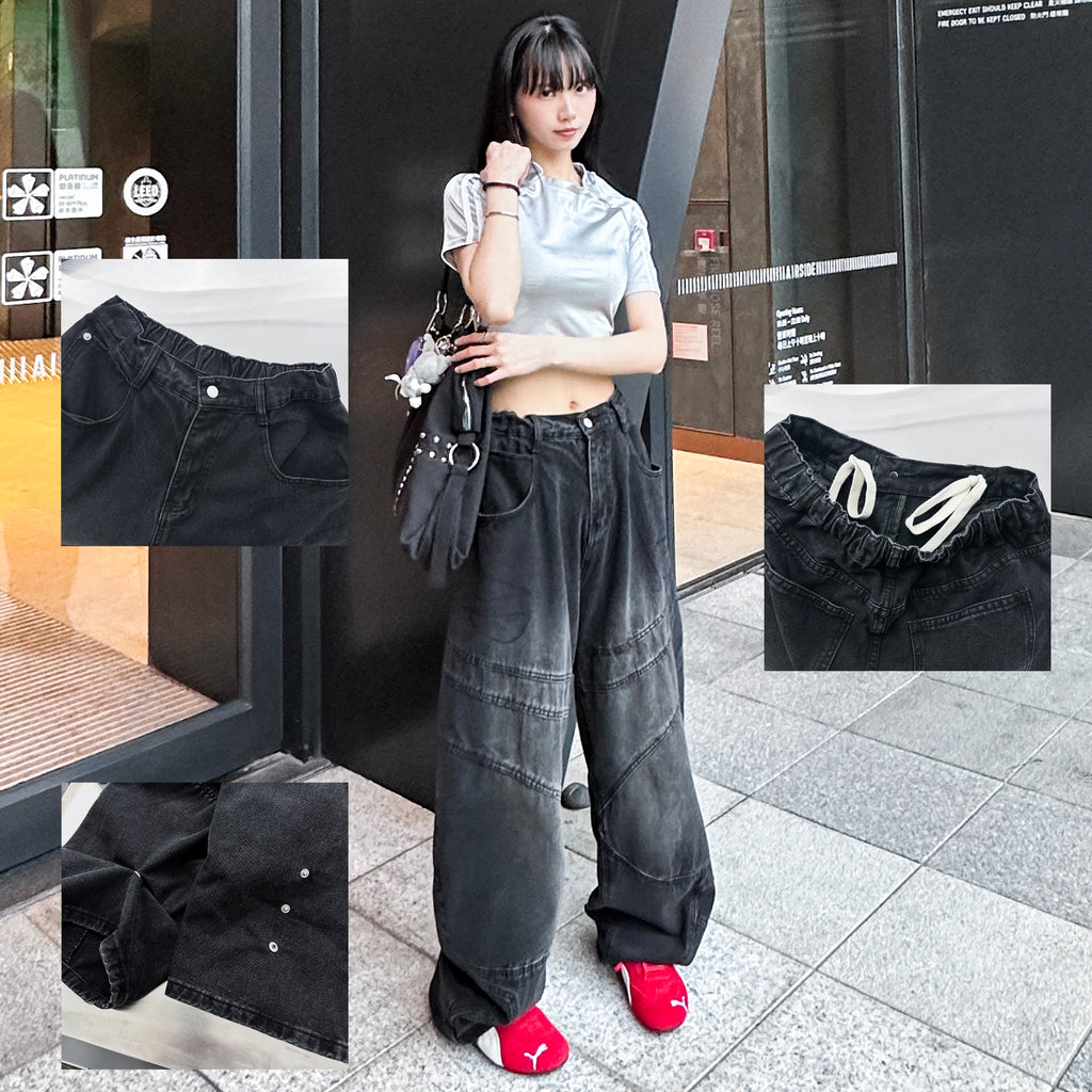 [UNISEX彎刀褲] BLACK WASHED SCIMITAR DENIM PANTS/ 1色