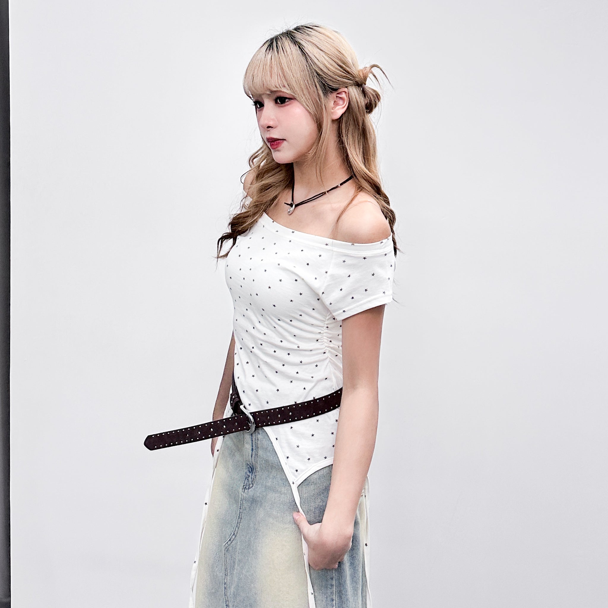 [韓妹必備] 2WAY STARS BOAT-NECK TEE/ 3色