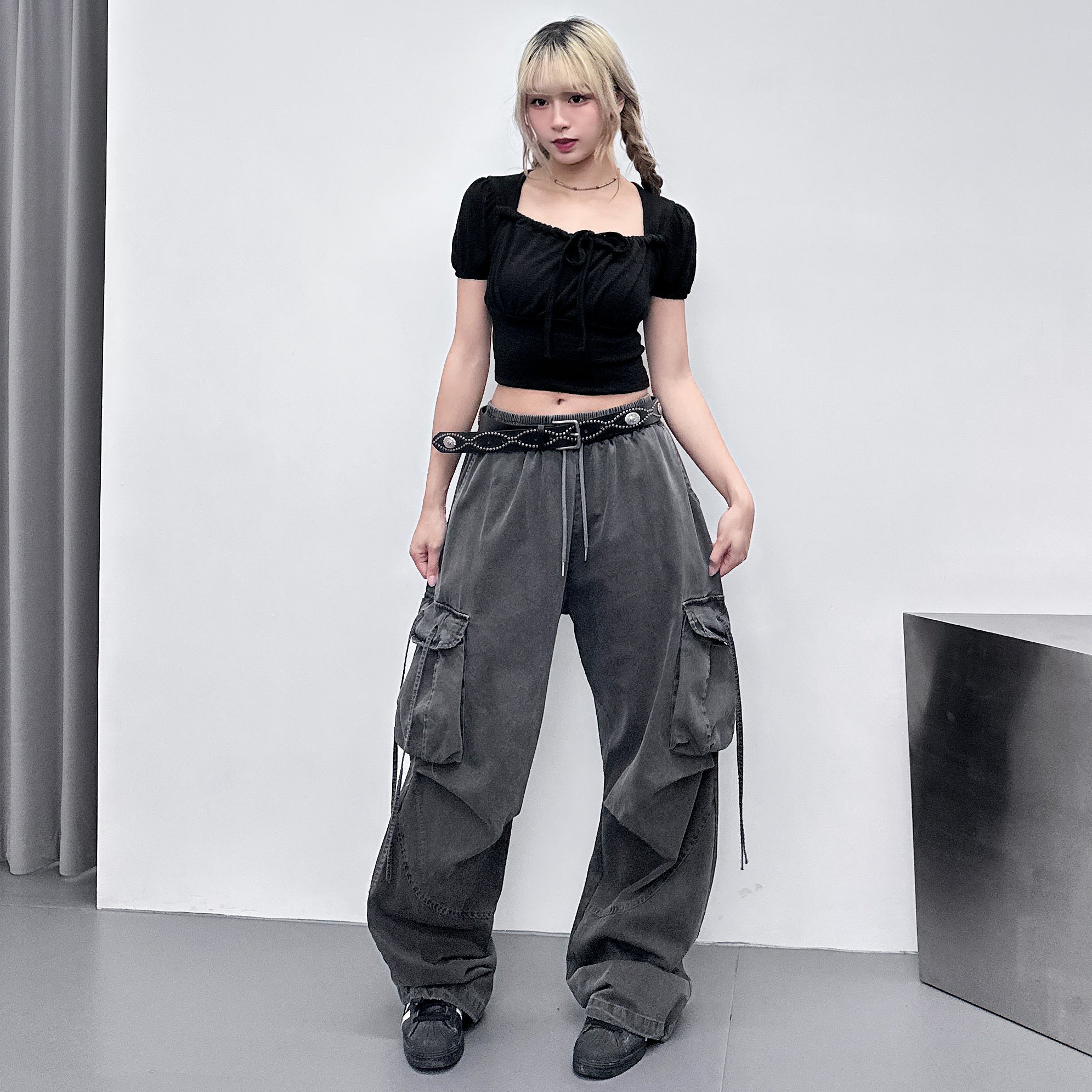 [BEST] 泡泡袖PLEATED RIBBON CROP TEE/ 2色