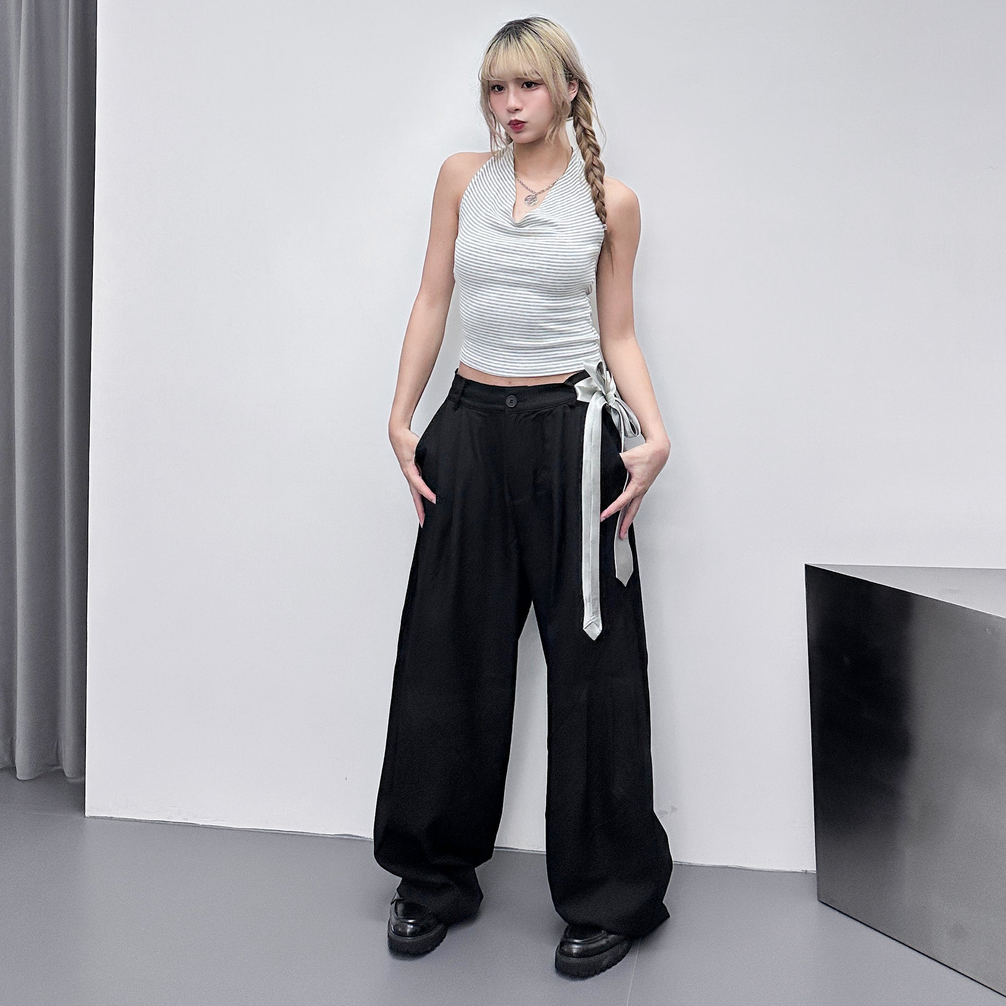 STRIPE HALTER NECK SLEEVELESS TOP/ 2色