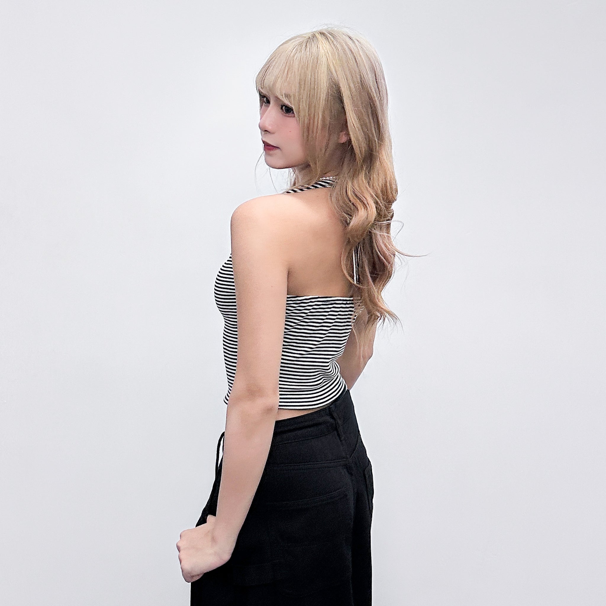 STRIPE HALTER NECK SLEEVELESS TOP/ 2色