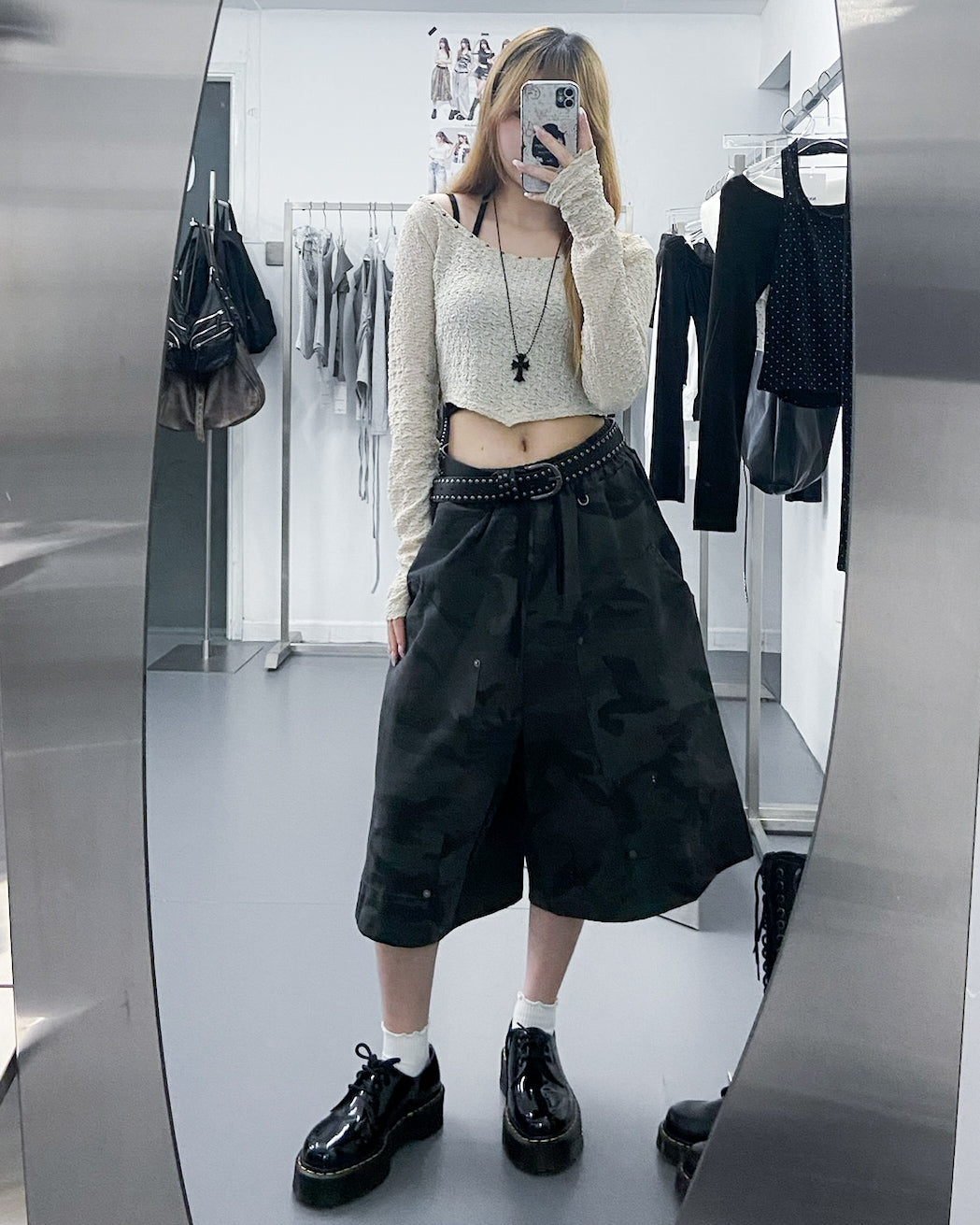 [連頸鏈!] 2WAY GINA STUDDED LONG SLEEVE CROP TOP with necklace/ 2色