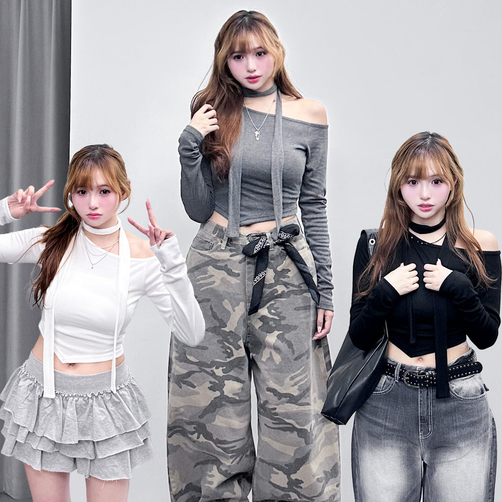 [SET] UNBALANCED ONE-OFF SHOULDER TOP WITH SCARF/ 3色