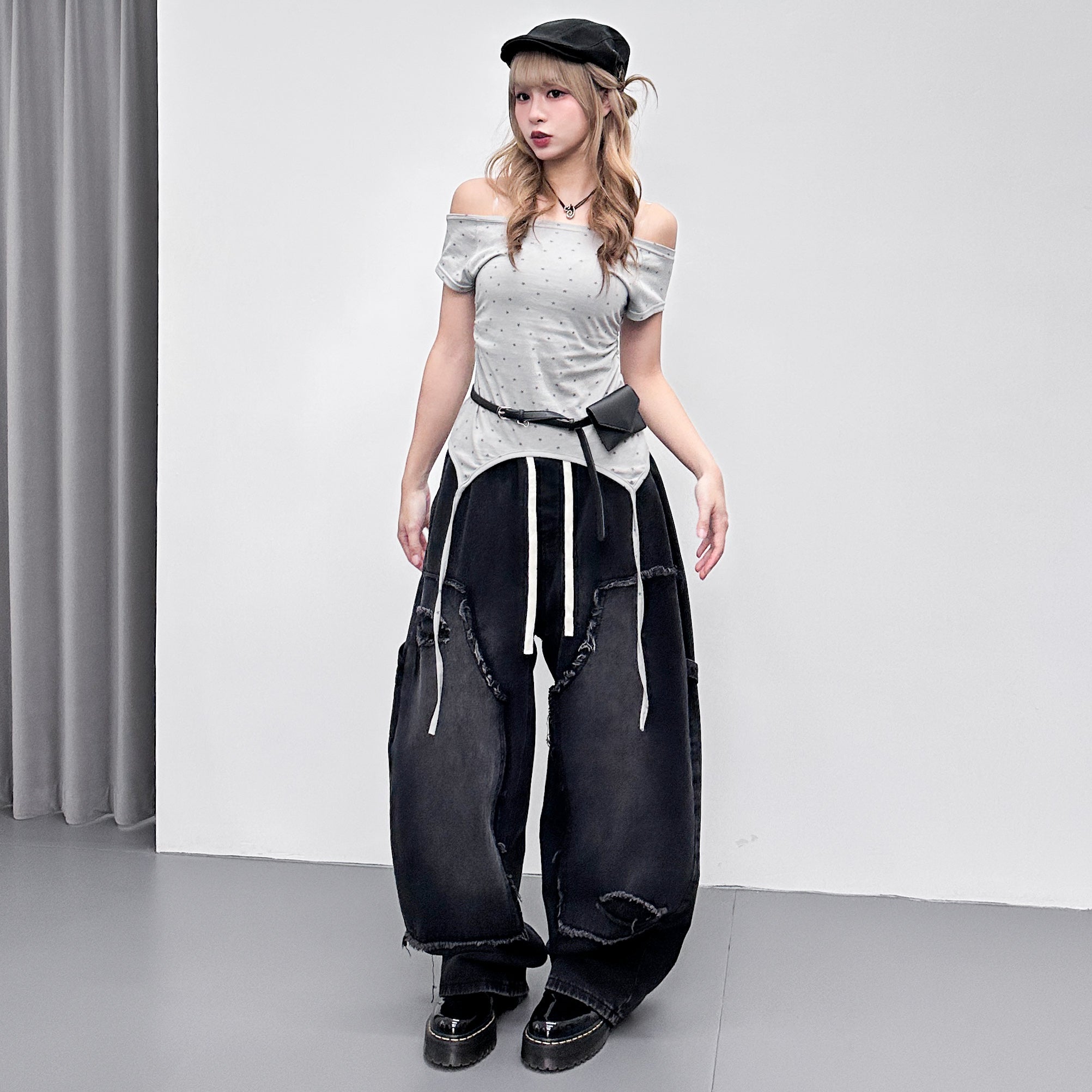 [韓妹必備] 2WAY STARS BOAT-NECK TEE/ 3色
