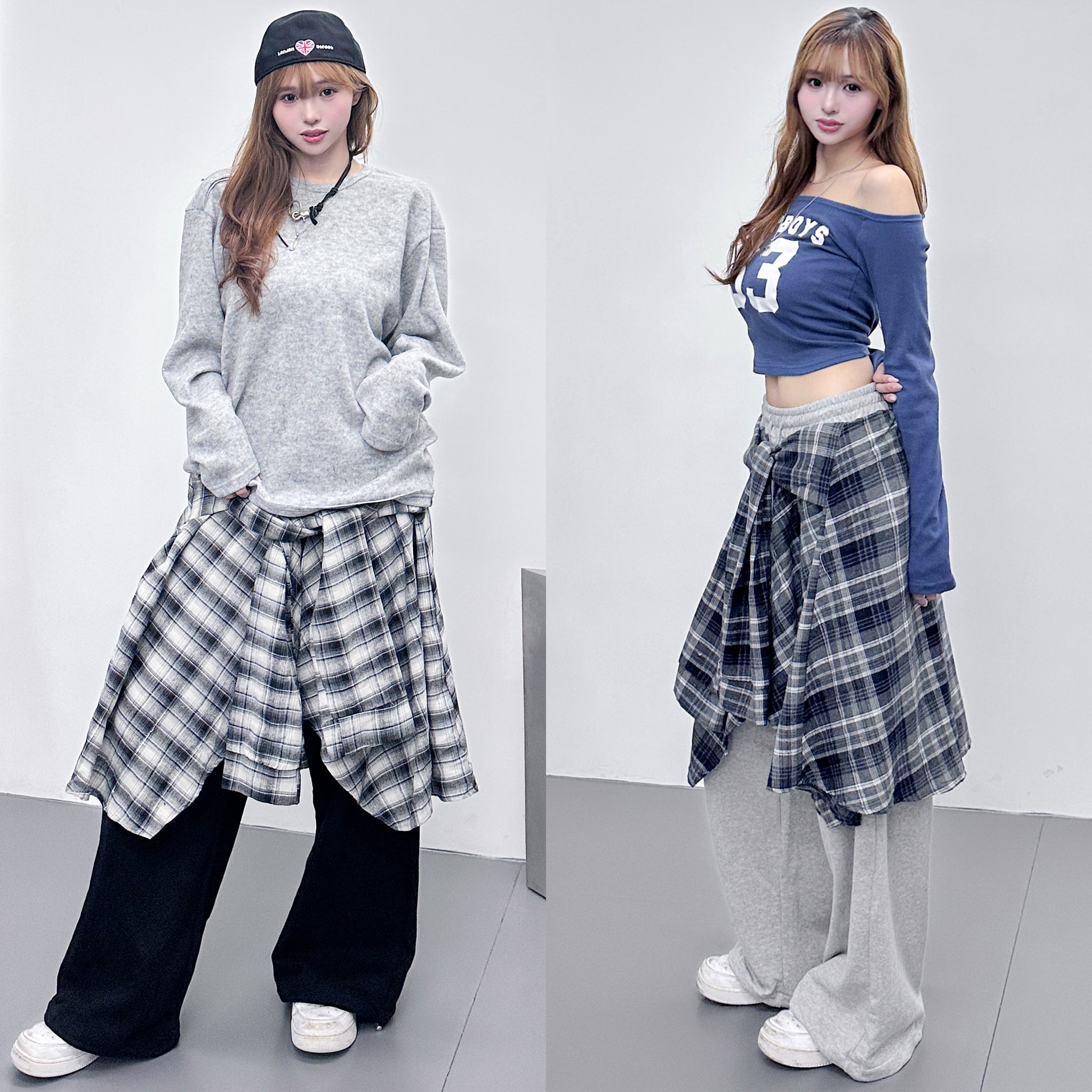 [UNISEX] 假兩件棉褲DOUBLE LAYER CHECK SWEATPANTS/ 2色