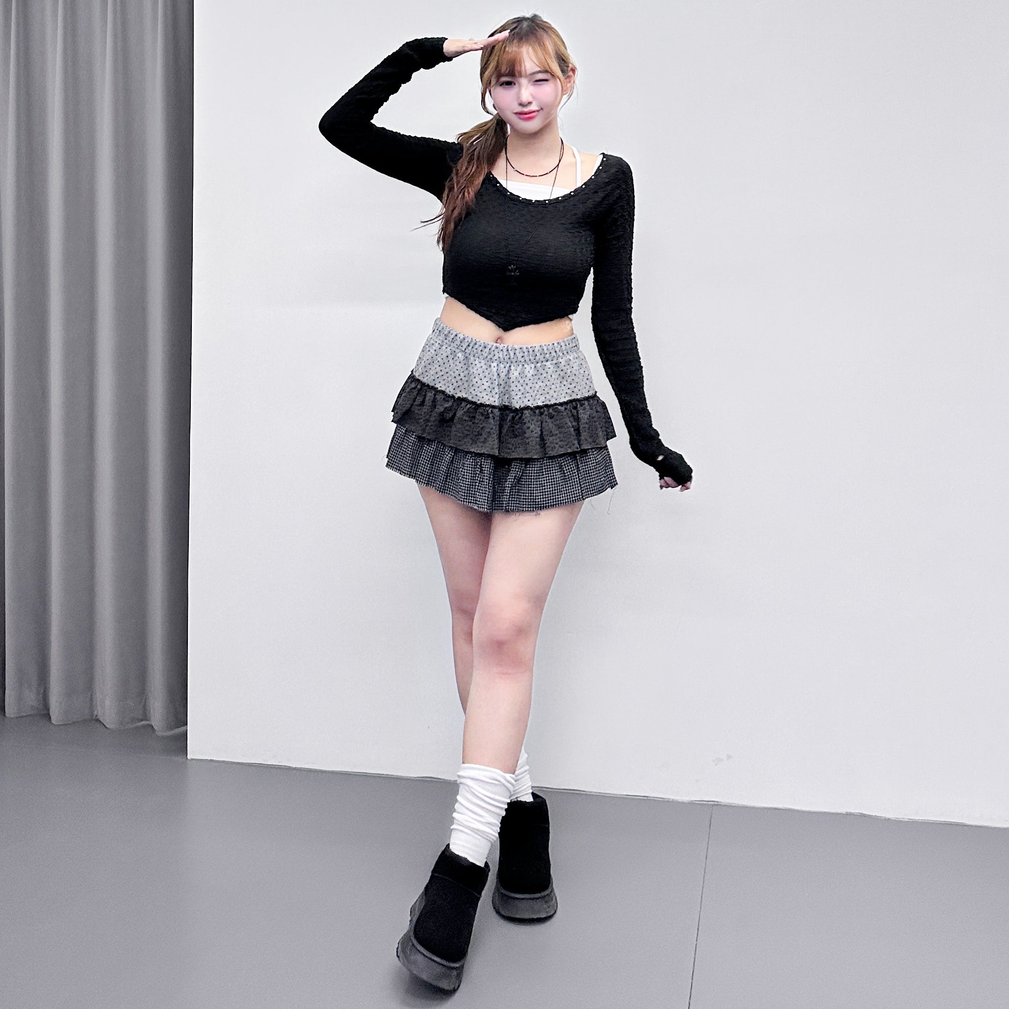 [連頸鏈!] 2WAY GINA STUDDED LONG SLEEVE CROP TOP with necklace/ 3色