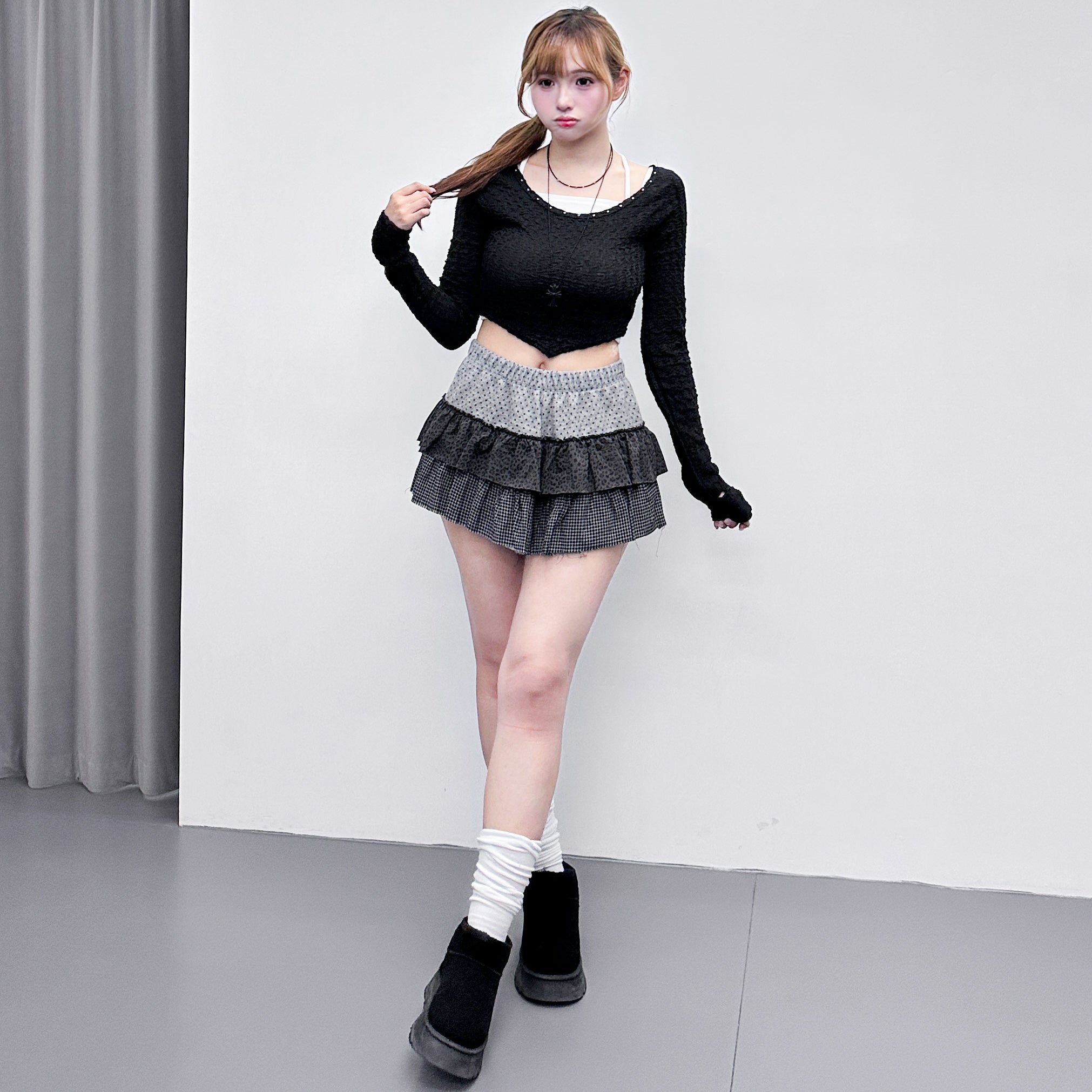 [連頸鏈!] 2WAY GINA STUDDED LONG SLEEVE CROP TOP with necklace/ 3色