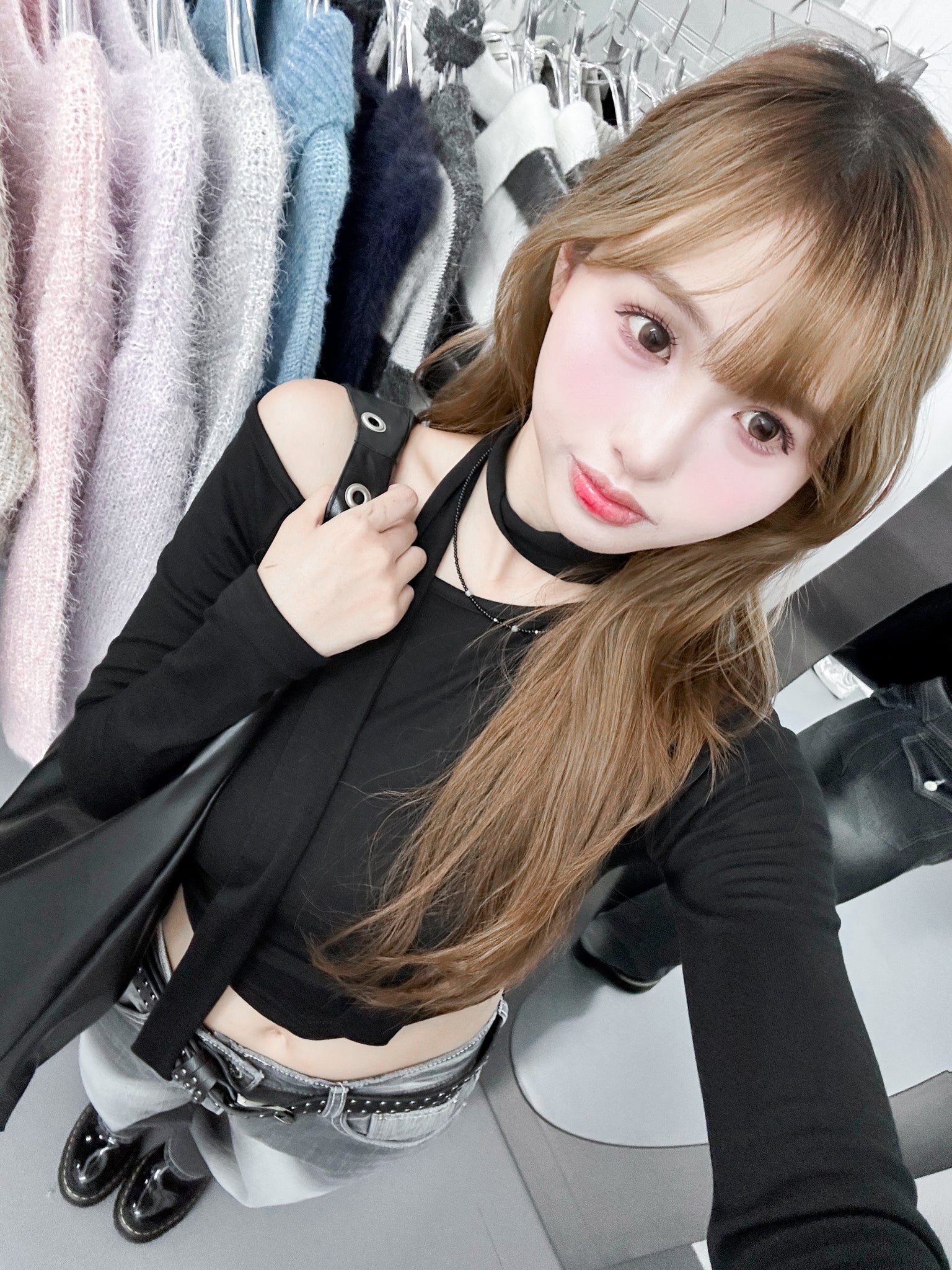 [SET] UNBALANCED ONE-OFF SHOULDER TOP WITH SCARF/ 3色