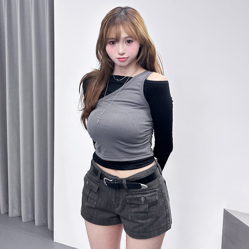 [假兩件] NANA OFF SHOULDER LONG SLEEVE TOP/ 2色