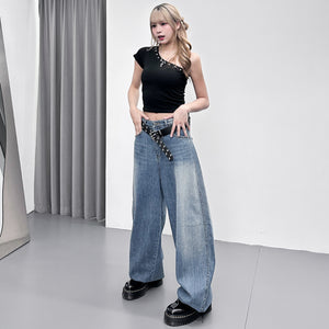 HOLLOW RIVET ONE-SHOULDER CROP TOP/ 2色