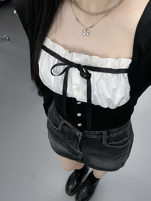 [BEST] 雙材質層次PLEATED RIBBON LONG SLEEVE TOP/ 2色