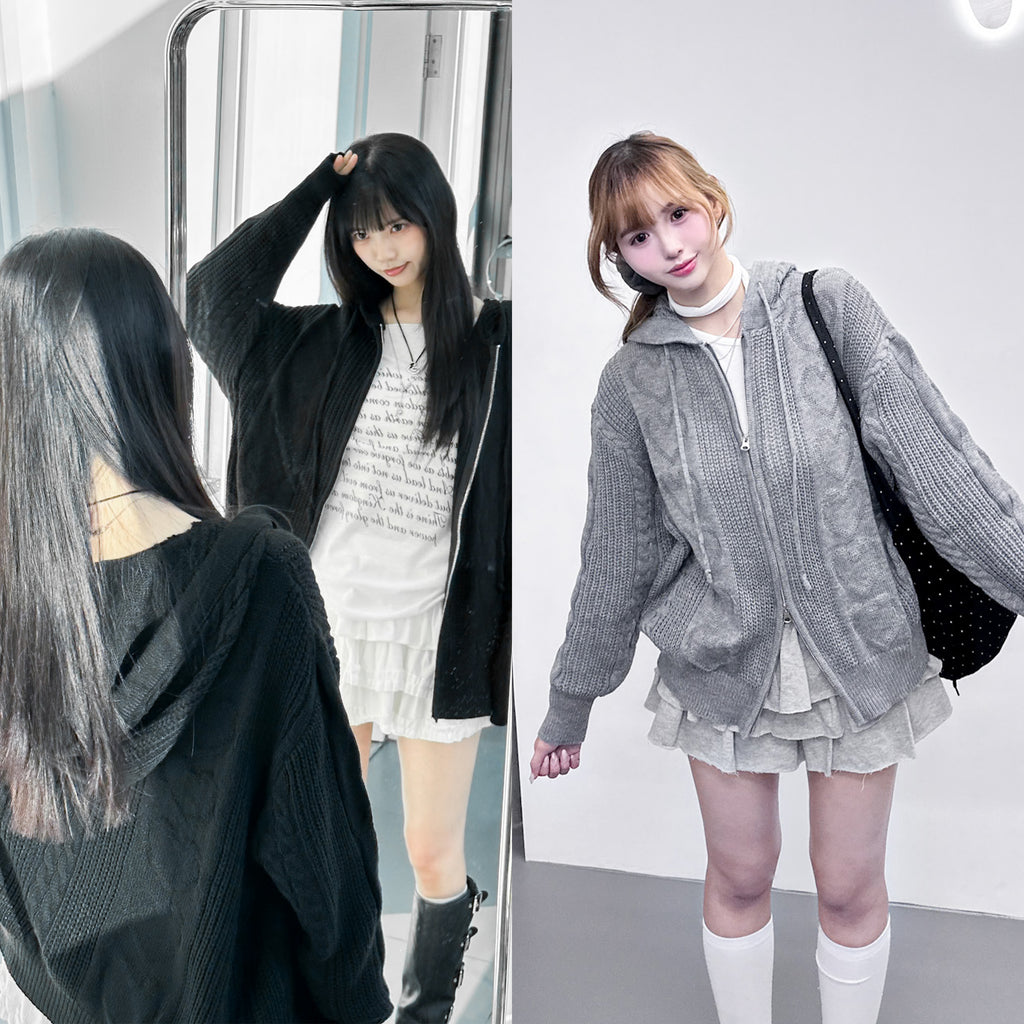 HEART CABLES ZIP-UP HOODED KNITWEAR/ 2色