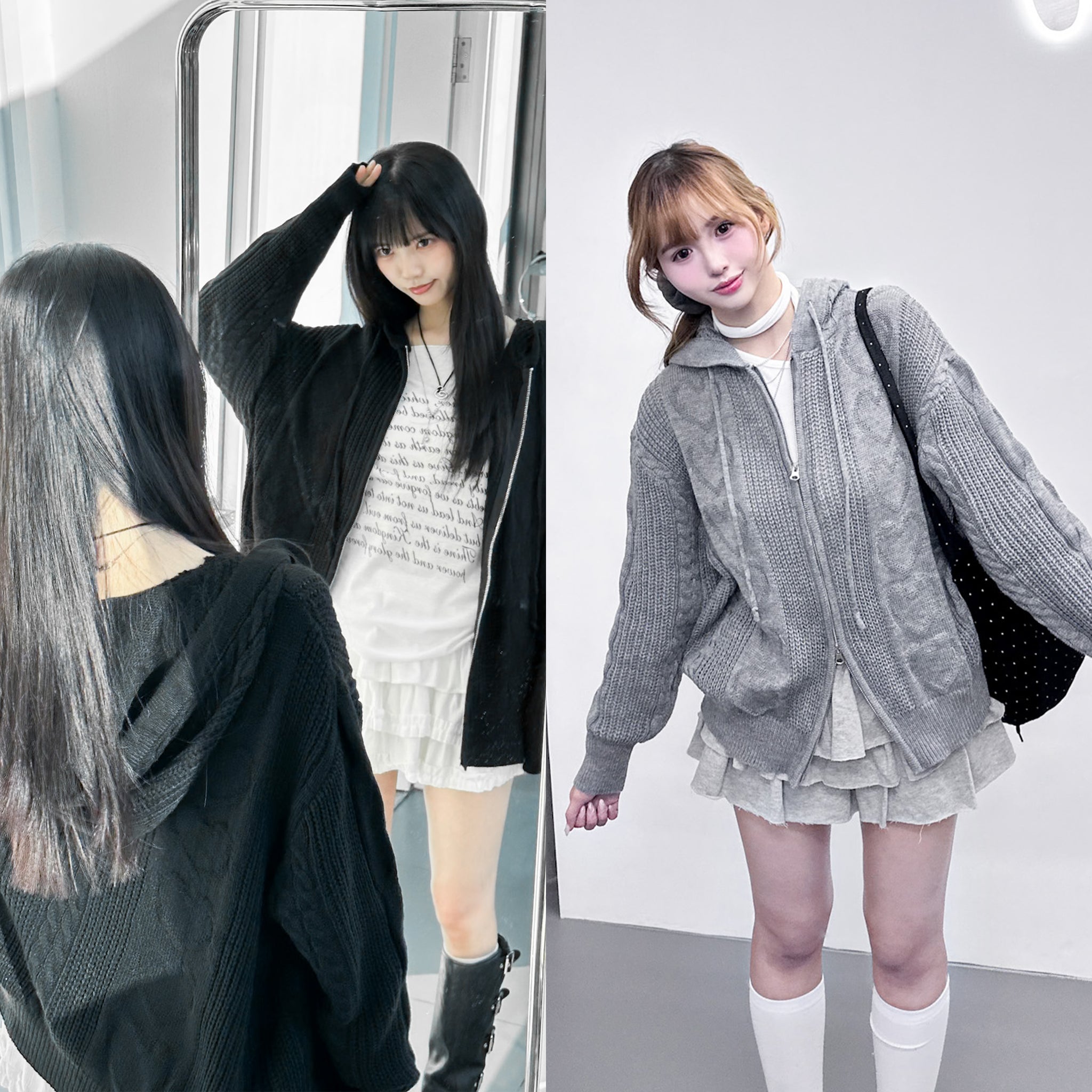 HEART CABLES ZIP-UP HOODED KNITWEAR/ 2色