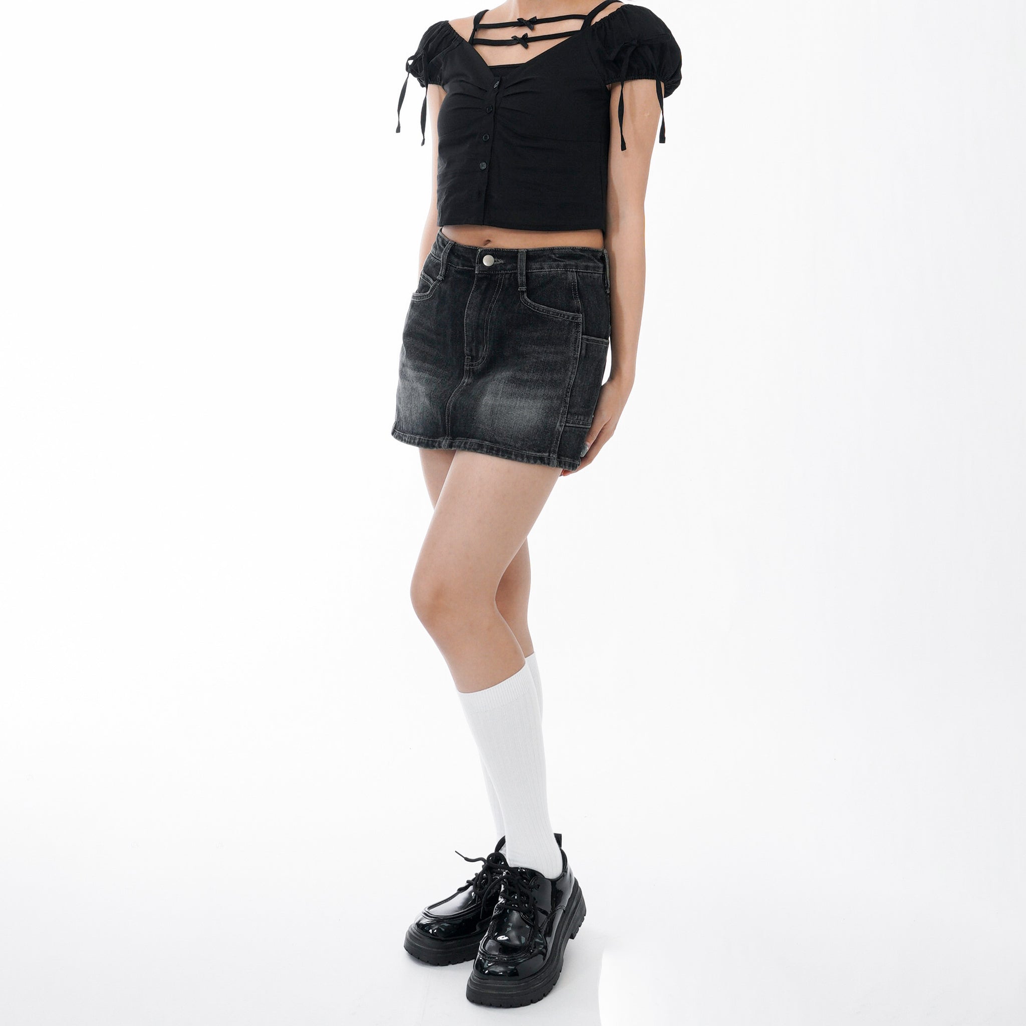 MidNight Washed Denim Skirt Pants/ 1色