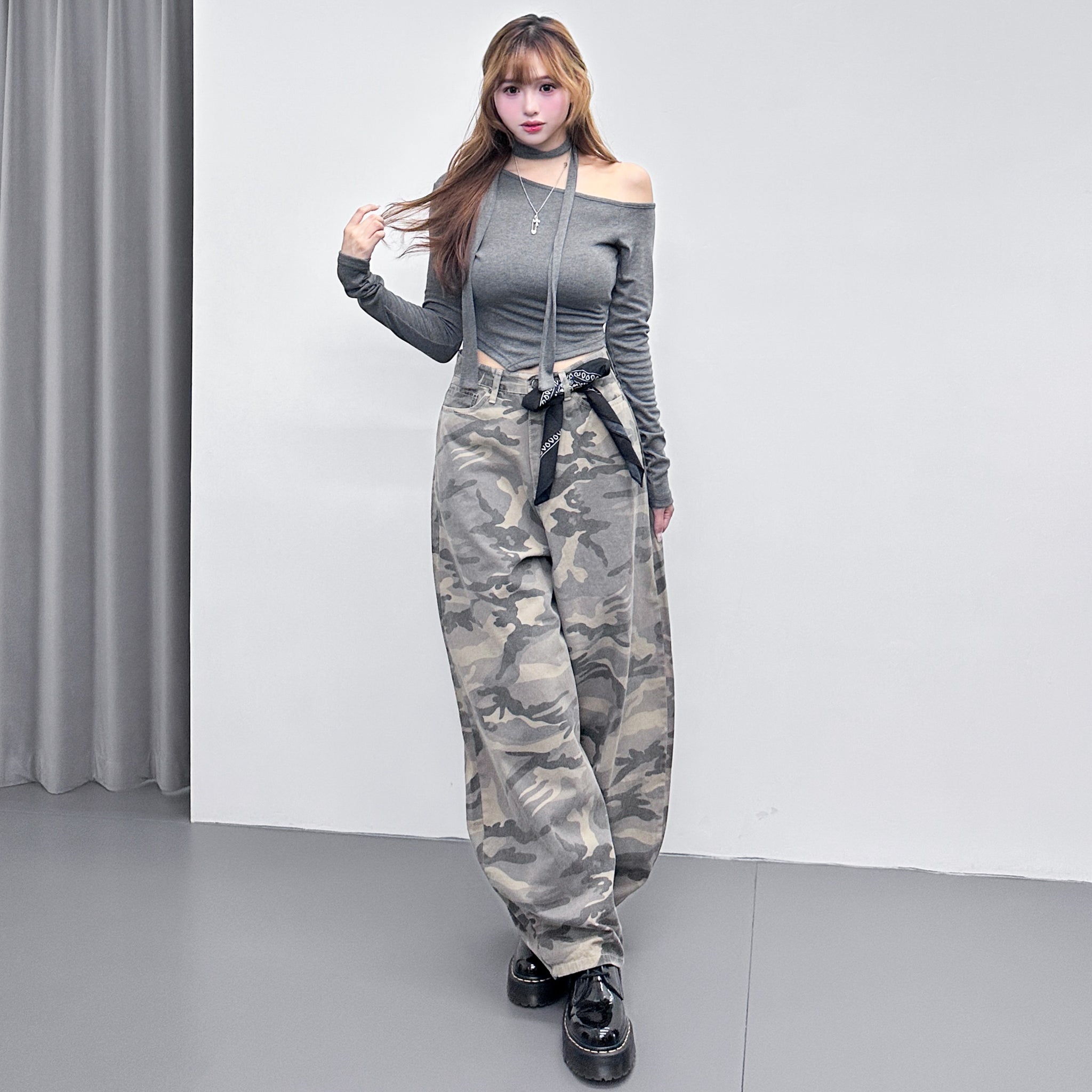 [SET] UNBALANCED ONE-OFF SHOULDER TOP WITH SCARF/ 3色