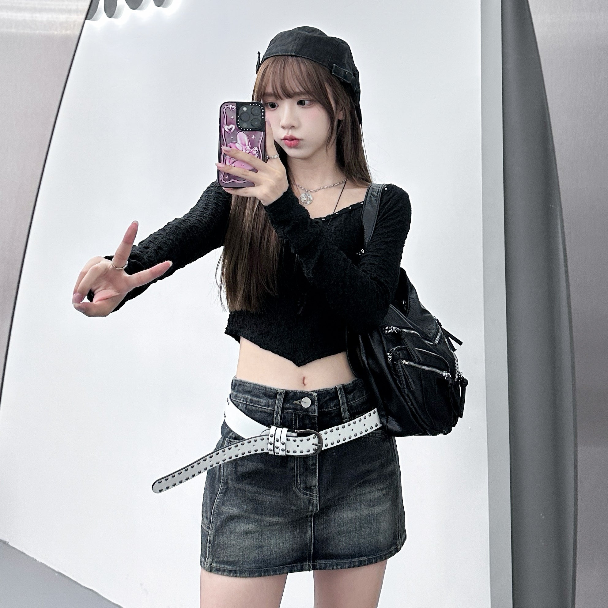 [連頸鏈!] 2WAY GINA STUDDED LONG SLEEVE CROP TOP with necklace/ 2色