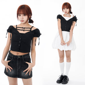 RIBBON PUFF BUTTON CROP TEE/ 2色