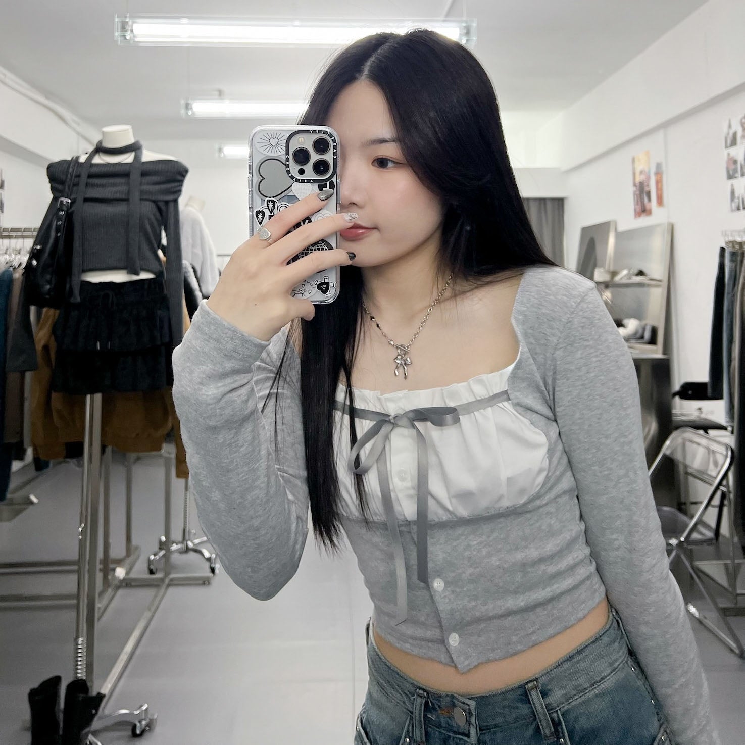 [BEST] 雙材質層次PLEATED RIBBON LONG SLEEVE TOP/ 2色