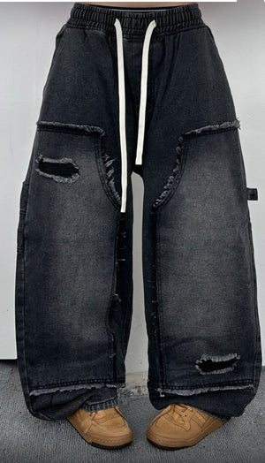 [BEST] UNISEX做舊復古蘇蘇邊SUPER WIDE DENIM PANTS/ 2色
