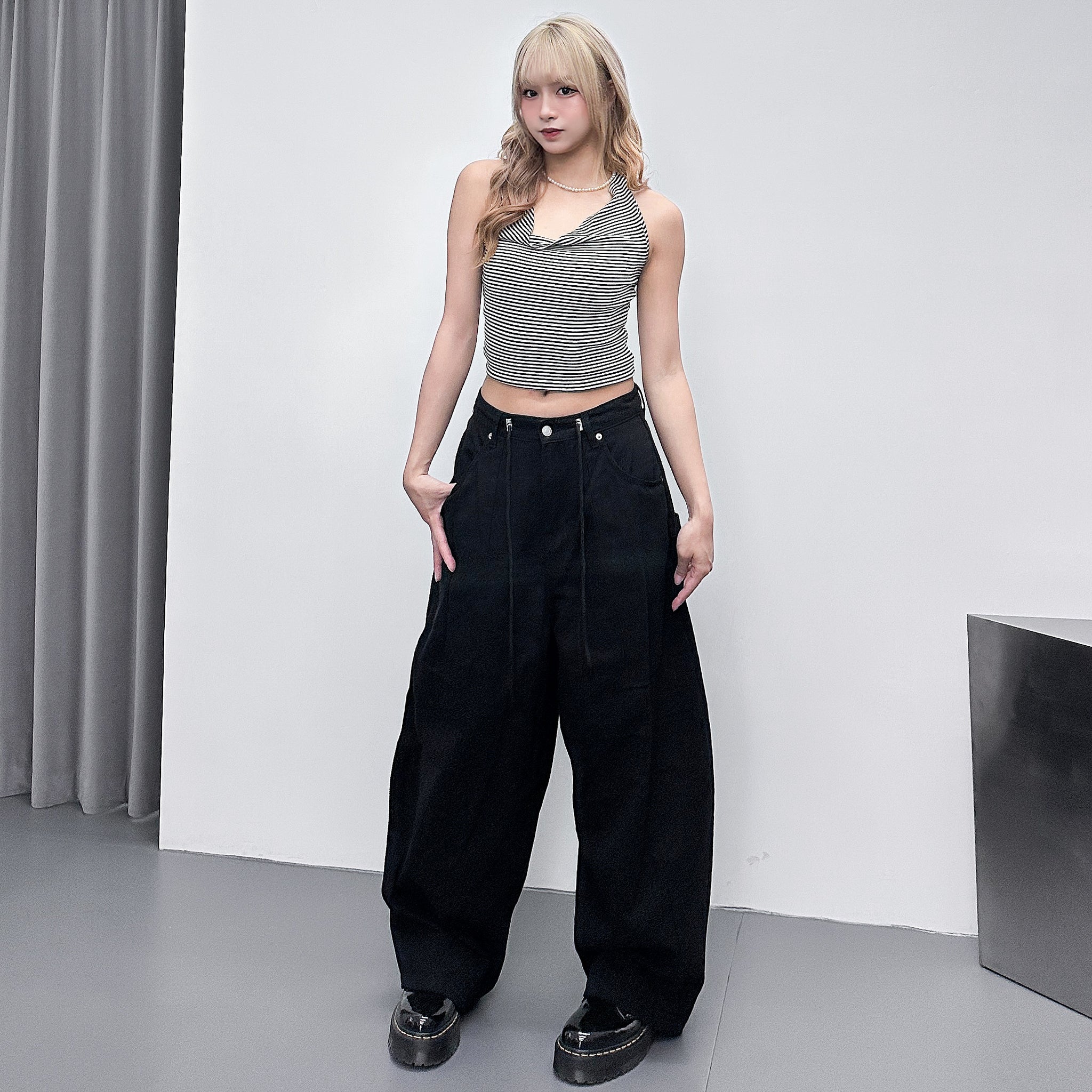 STRIPE HALTER NECK SLEEVELESS TOP/ 2色