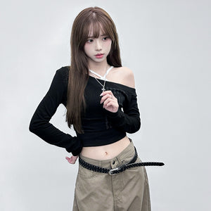 WARM SUNSHINE OFF SHOULDER LONG SLEEVE CROP TOP/ 2色
