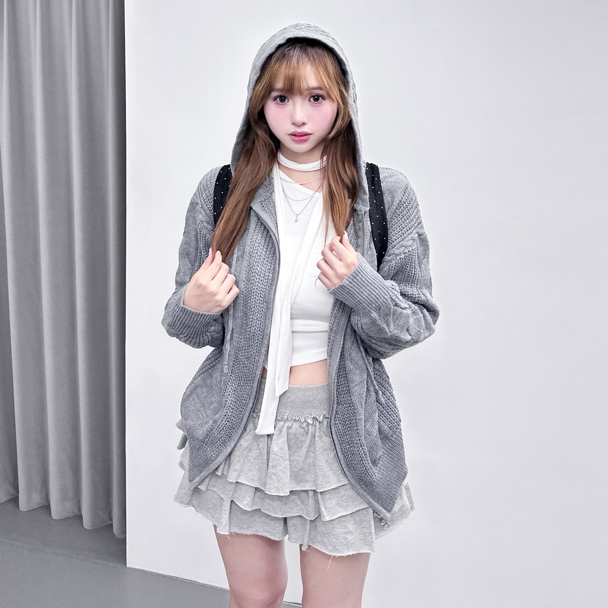 HEART CABLES ZIP-UP HOODED KNITWEAR/ 2色