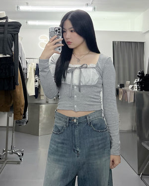[BEST] 雙材質層次PLEATED RIBBON LONG SLEEVE TOP/ 2色