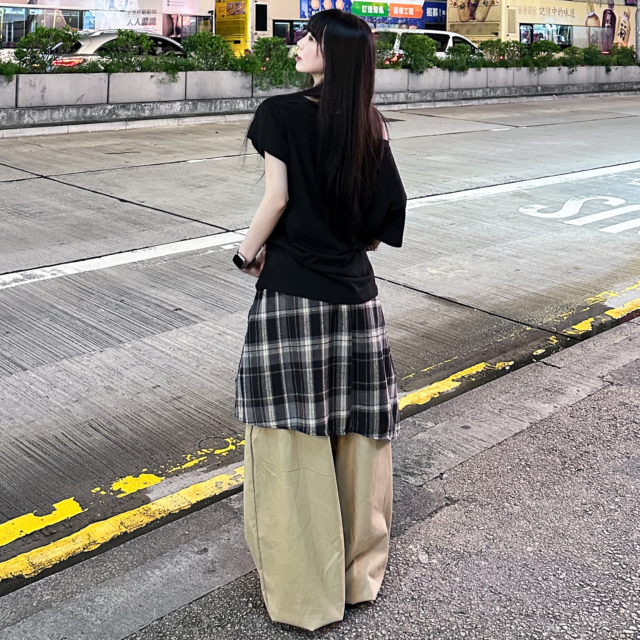 [UNISEX] 假兩件DOUBLE LAYER CHECK PANTS/ 2色