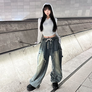 [BEST] UNISEX做舊復古蘇蘇邊SUPER WIDE DENIM PANTS/ 2色
