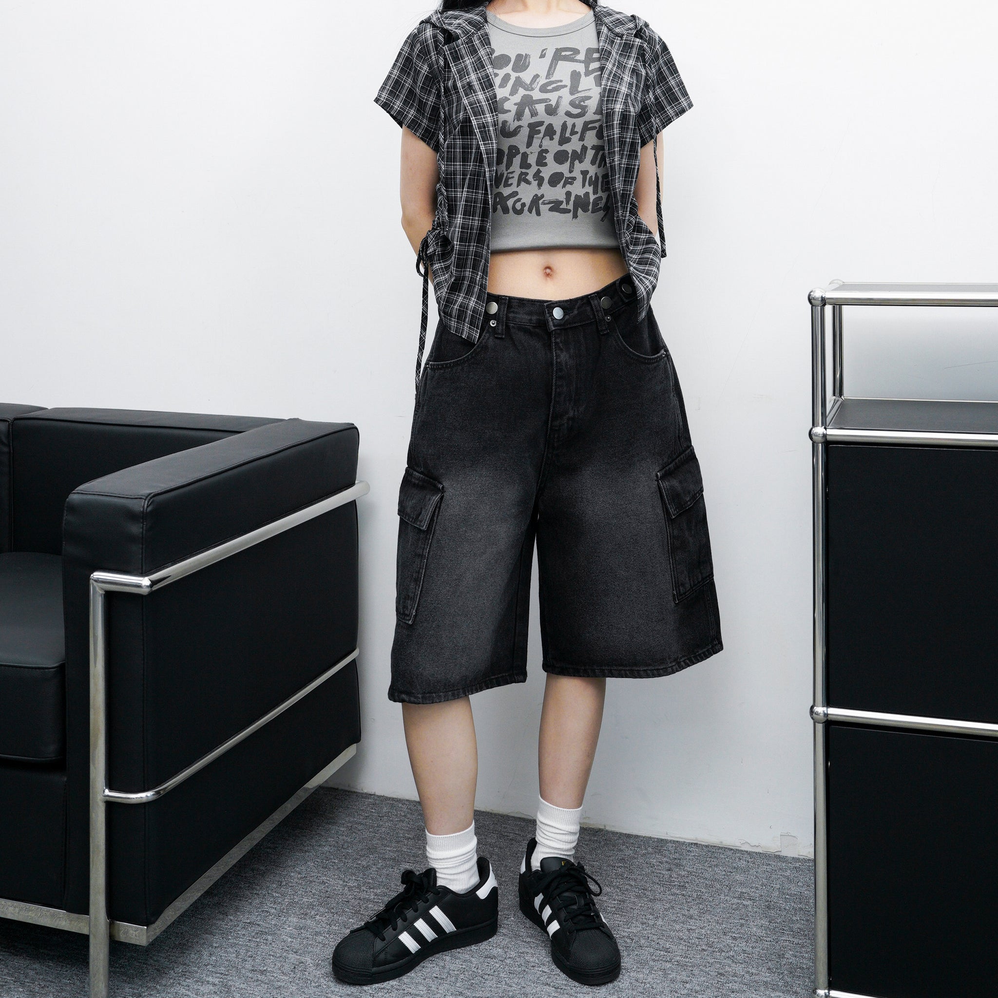 [BEST] BUTTONED CARGO BERMUDA DENIM PANTS/ 2色