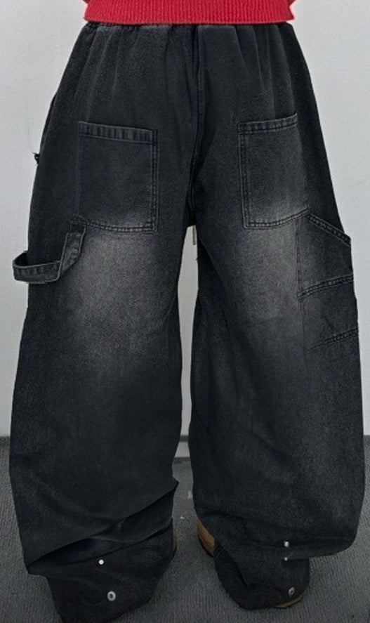 [BEST] UNISEX做舊復古蘇蘇邊SUPER WIDE DENIM PANTS/ 2色