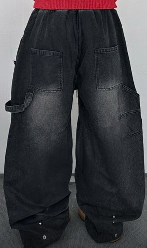 [BEST] UNISEX做舊復古蘇蘇邊SUPER WIDE DENIM PANTS/ 2色