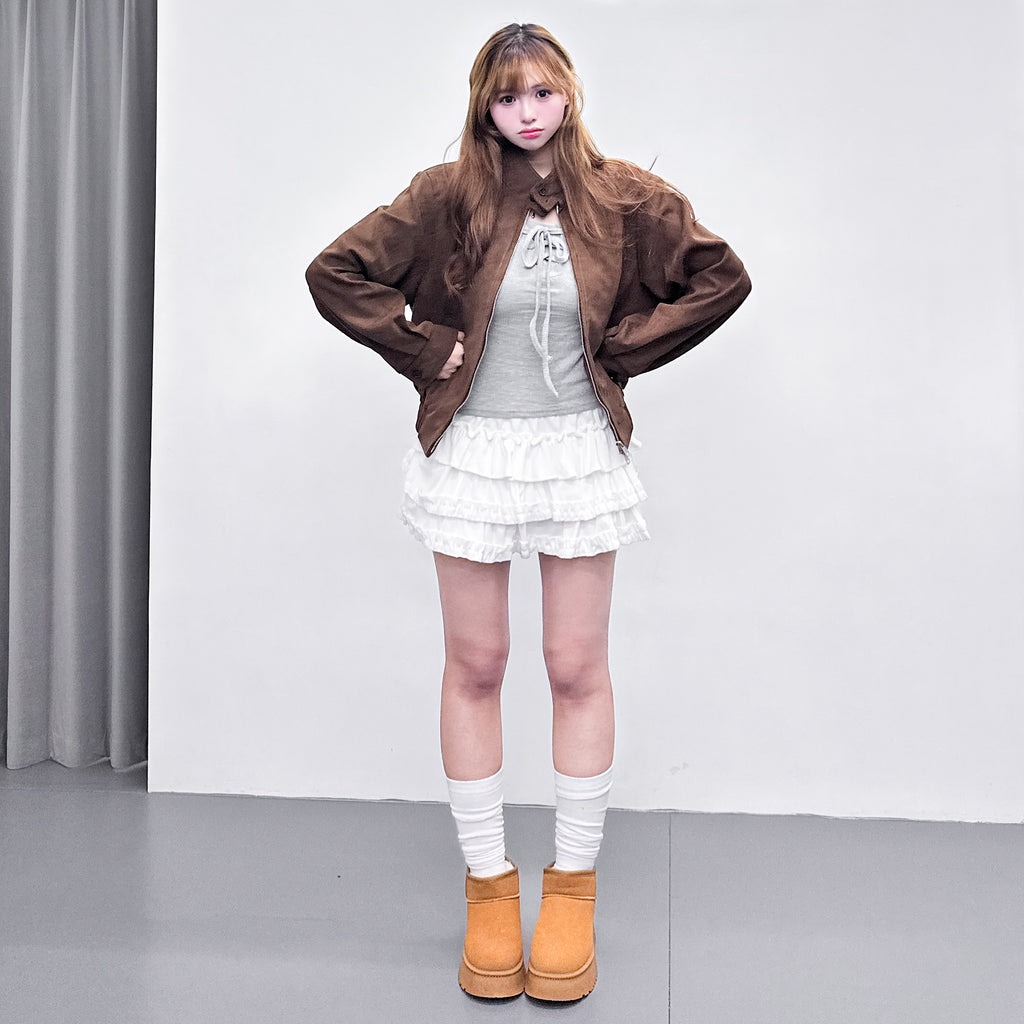 [UNISEX] TWO-BUTTON SUEDE STAND COLLAR JACKET/ 2色