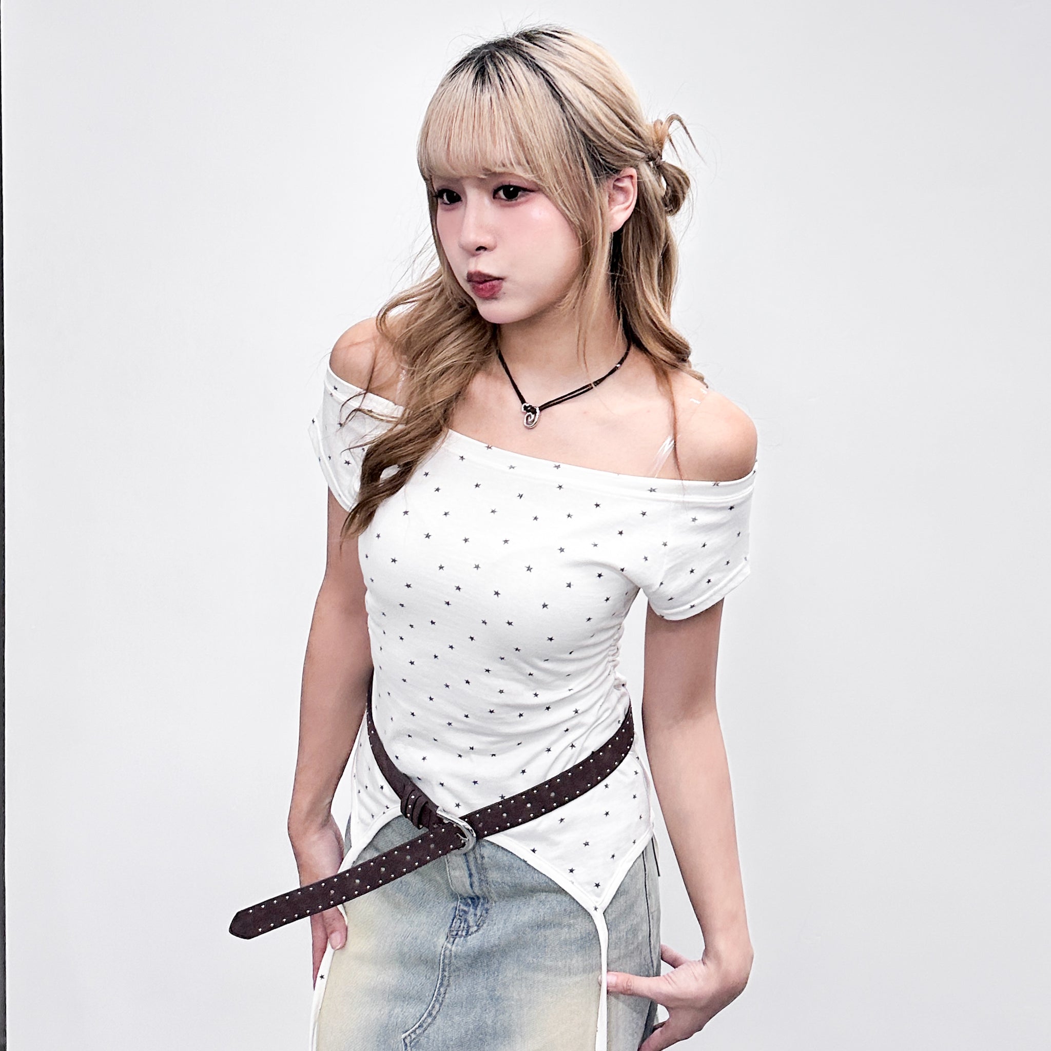 [韓妹必備] 2WAY STARS BOAT-NECK TEE/ 3色