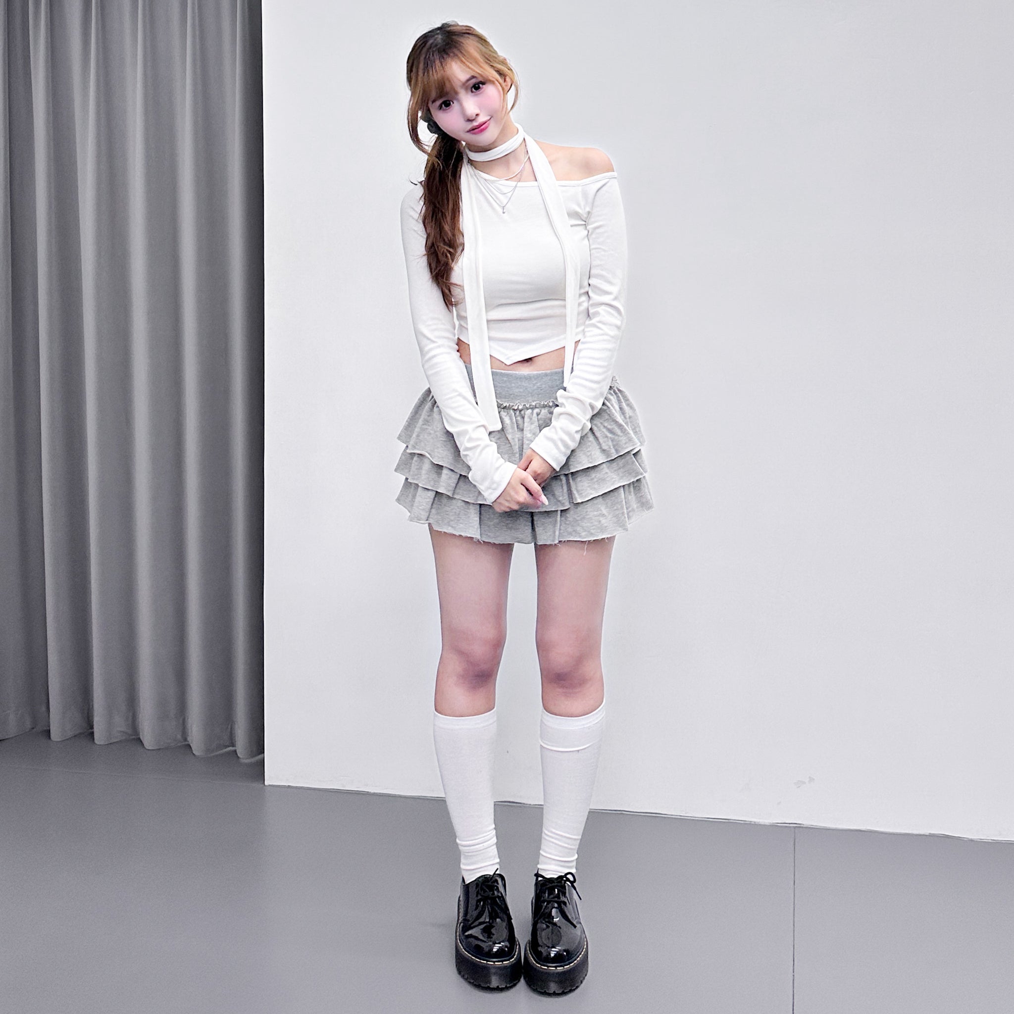 [SET] UNBALANCED ONE-OFF SHOULDER TOP WITH SCARF/ 3色