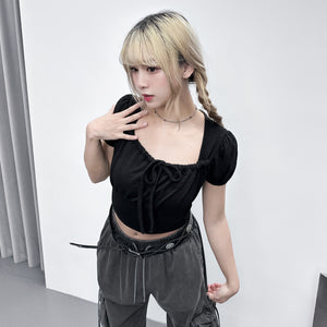 [BEST] 泡泡袖PLEATED RIBBON CROP TEE/ 2色
