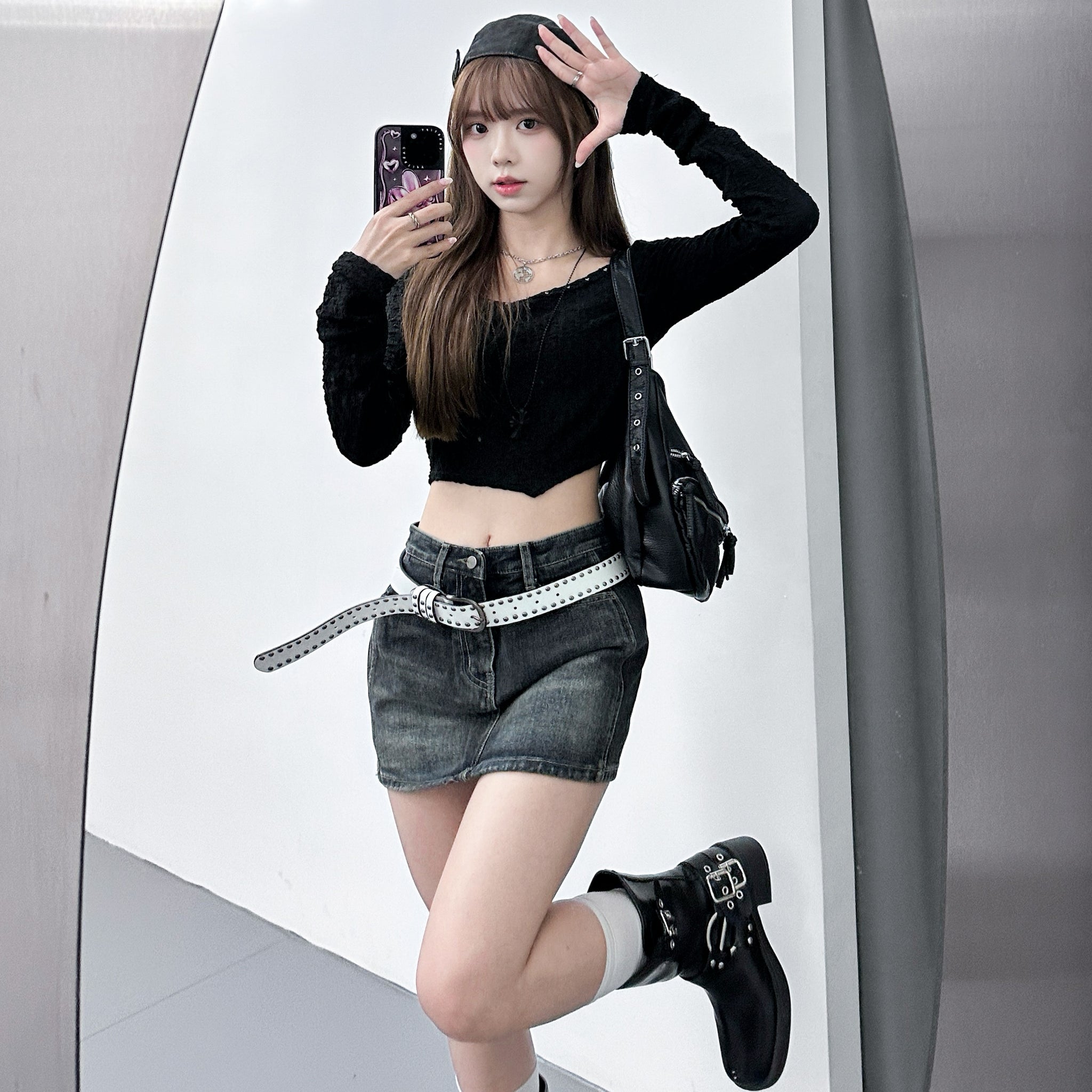 [連頸鏈!] 2WAY GINA STUDDED LONG SLEEVE CROP TOP with necklace/ 2色