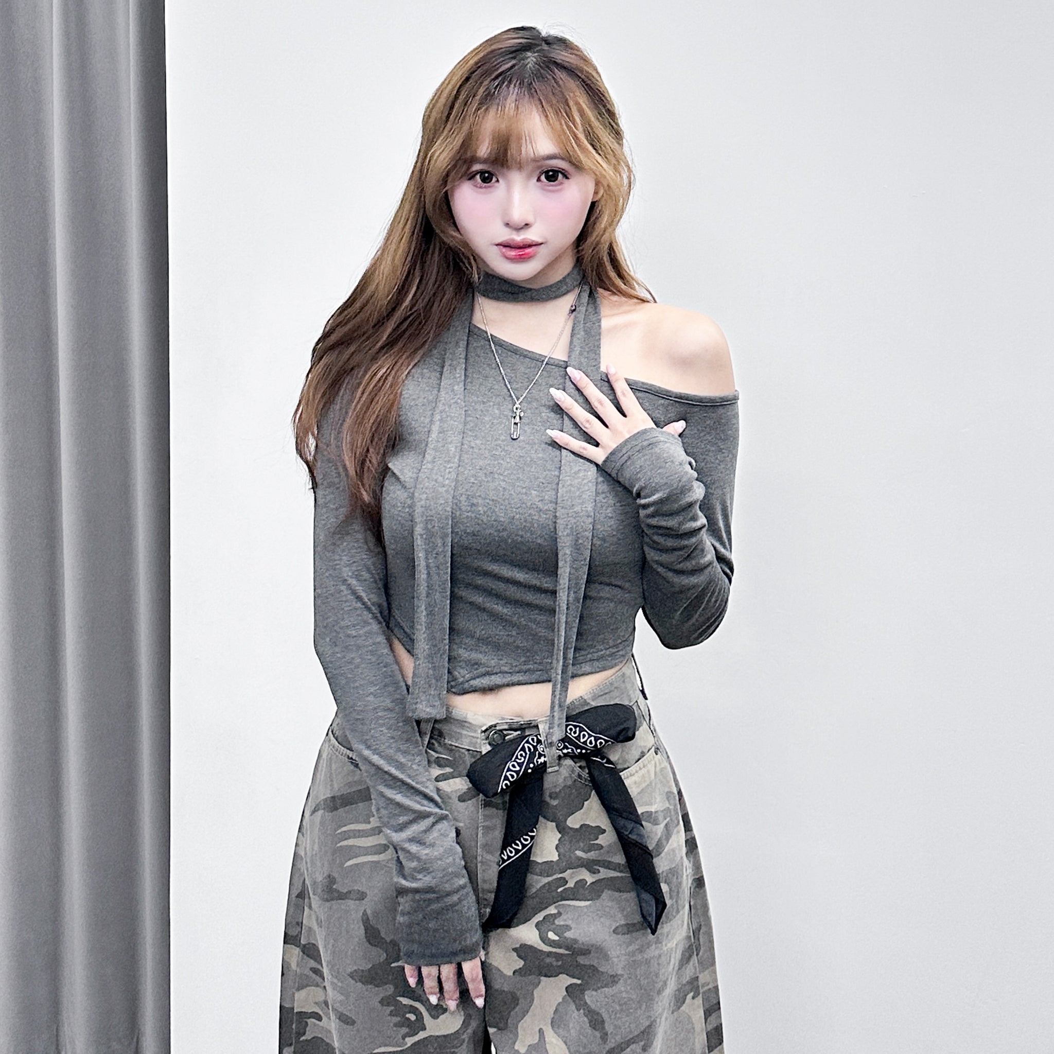 [SET] UNBALANCED ONE-OFF SHOULDER TOP WITH SCARF/ 3色