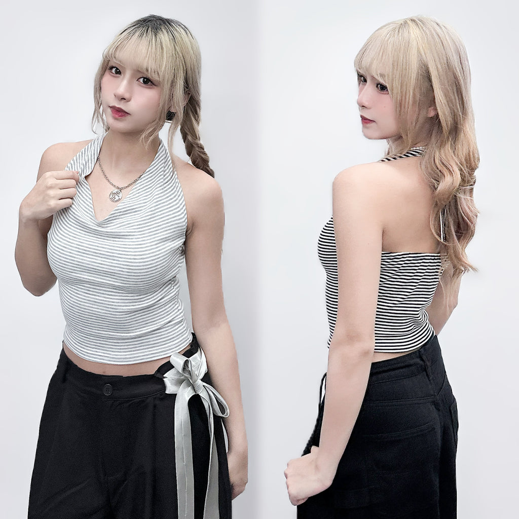 STRIPE HALTER NECK SLEEVELESS TOP/ 2色