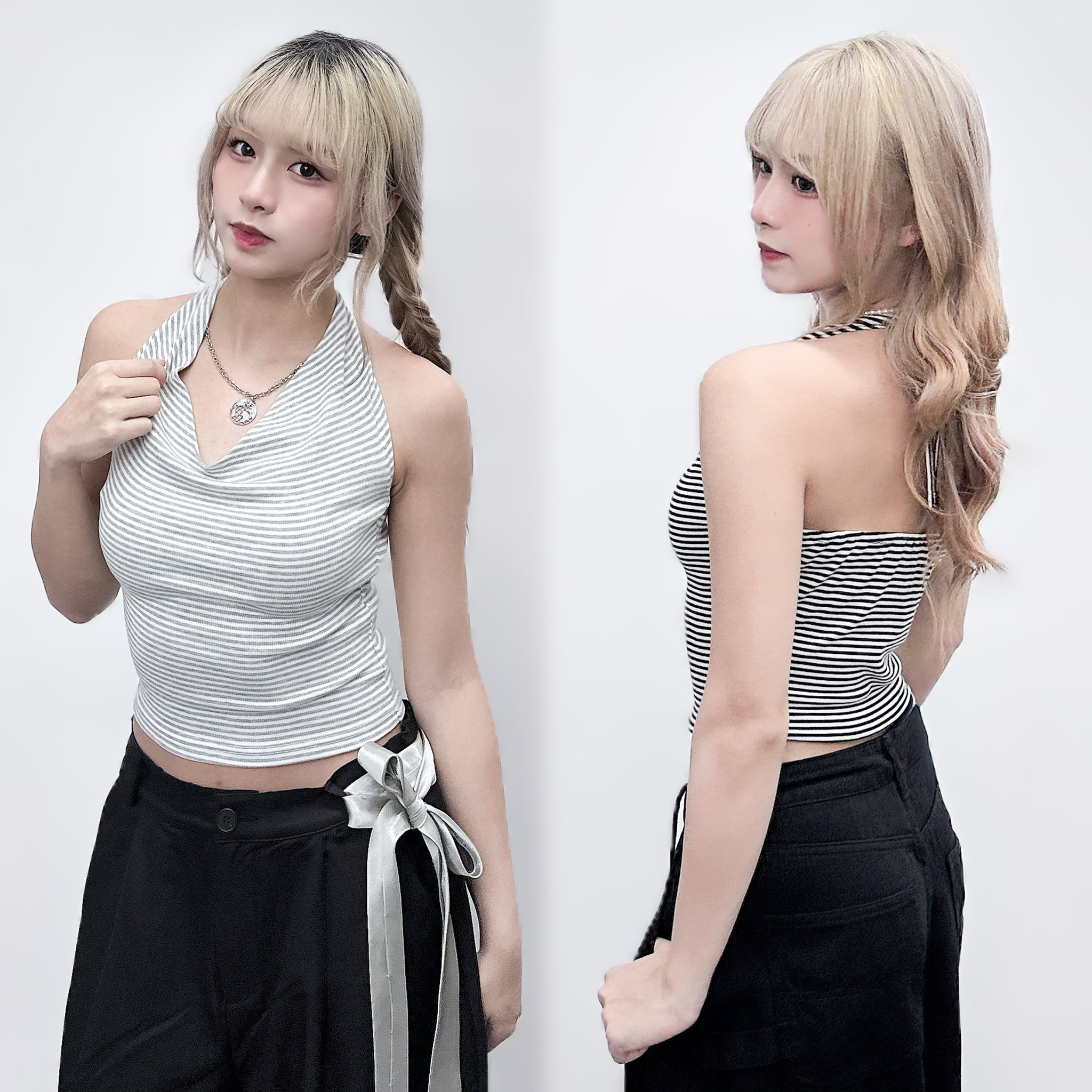 STRIPE HALTER NECK SLEEVELESS TOP/ 2色