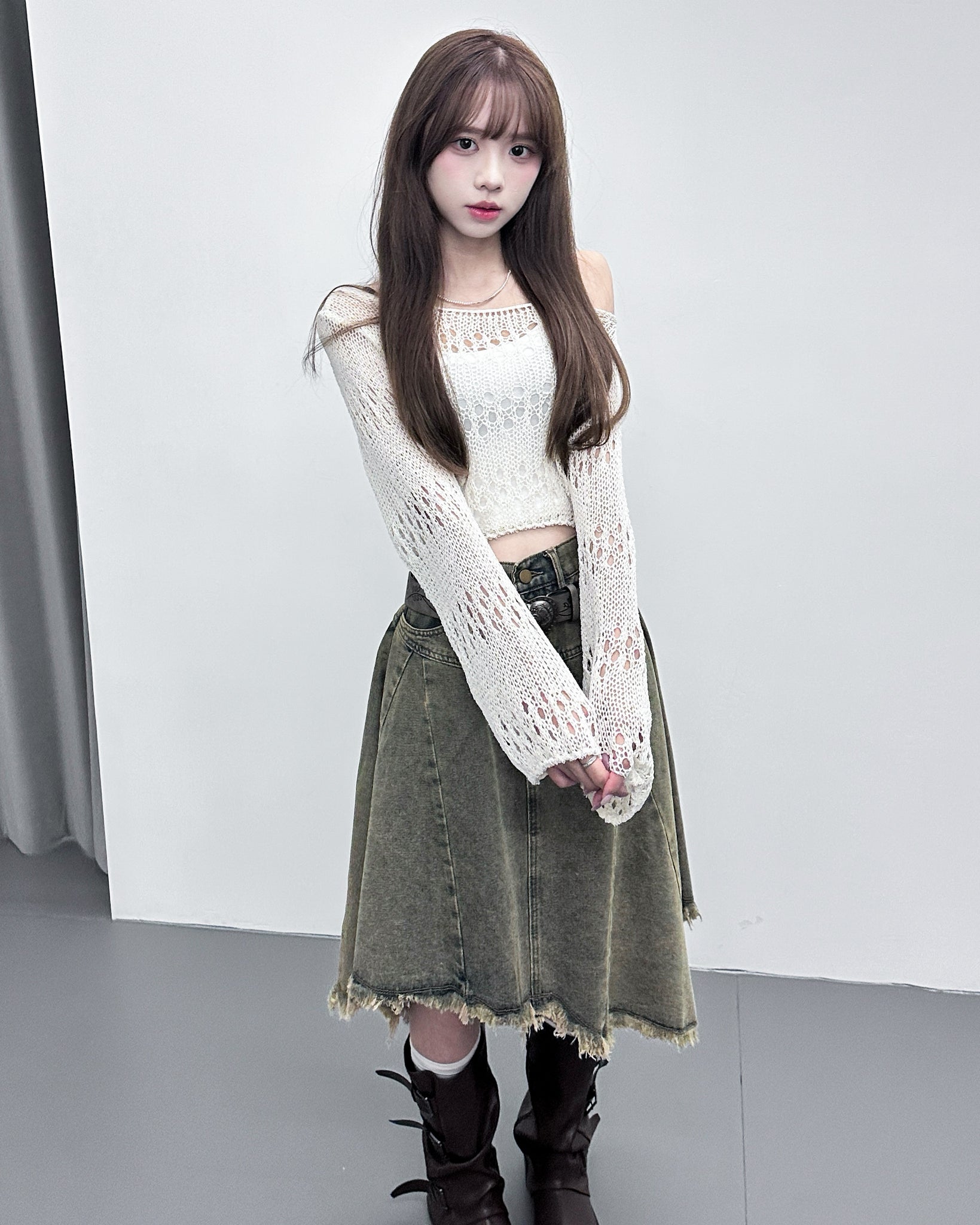 [入秋必選] BOAT-NECK可跌膊鏤空CROP KNIT/ 3色