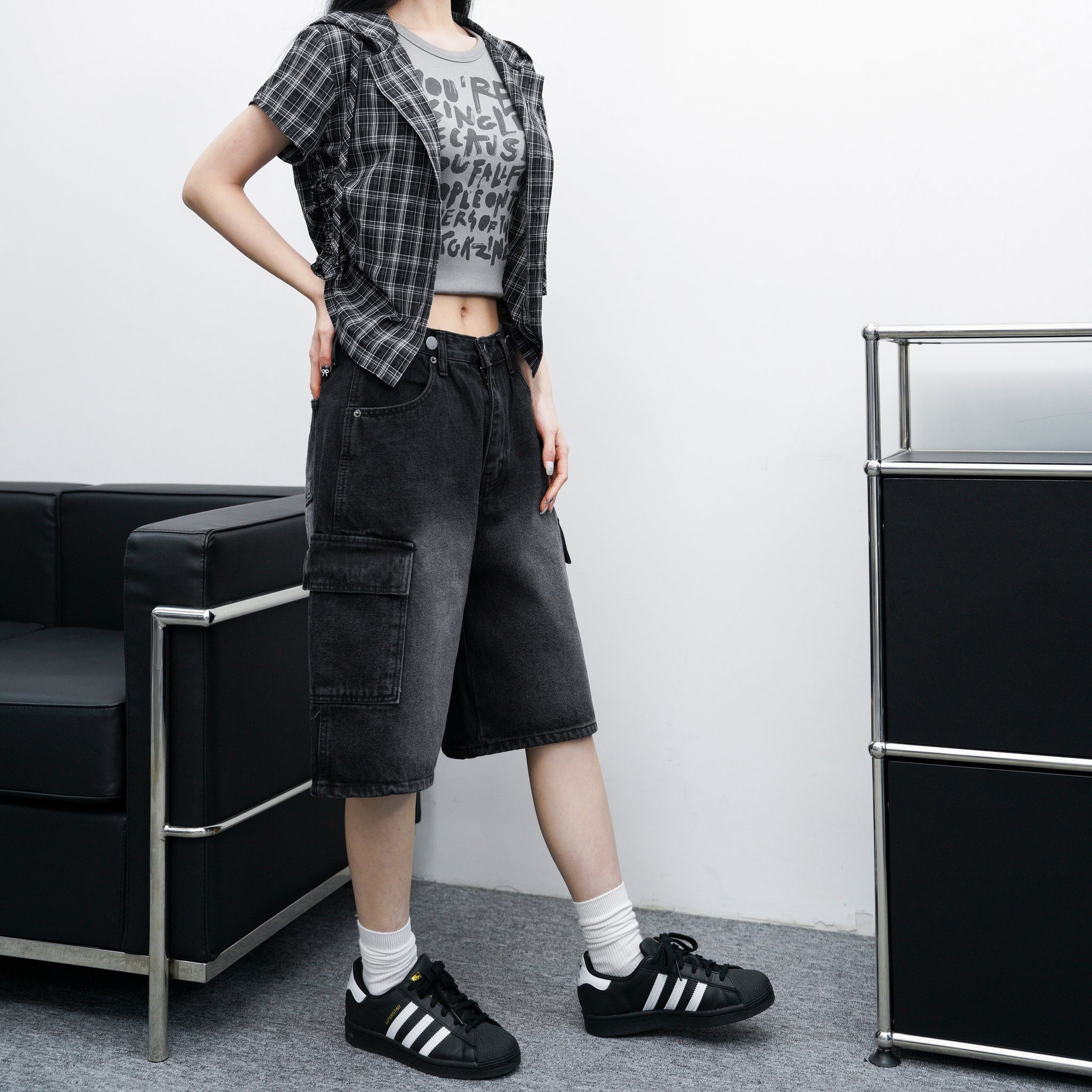 [BEST] BUTTONED CARGO BERMUDA DENIM PANTS/ 2色